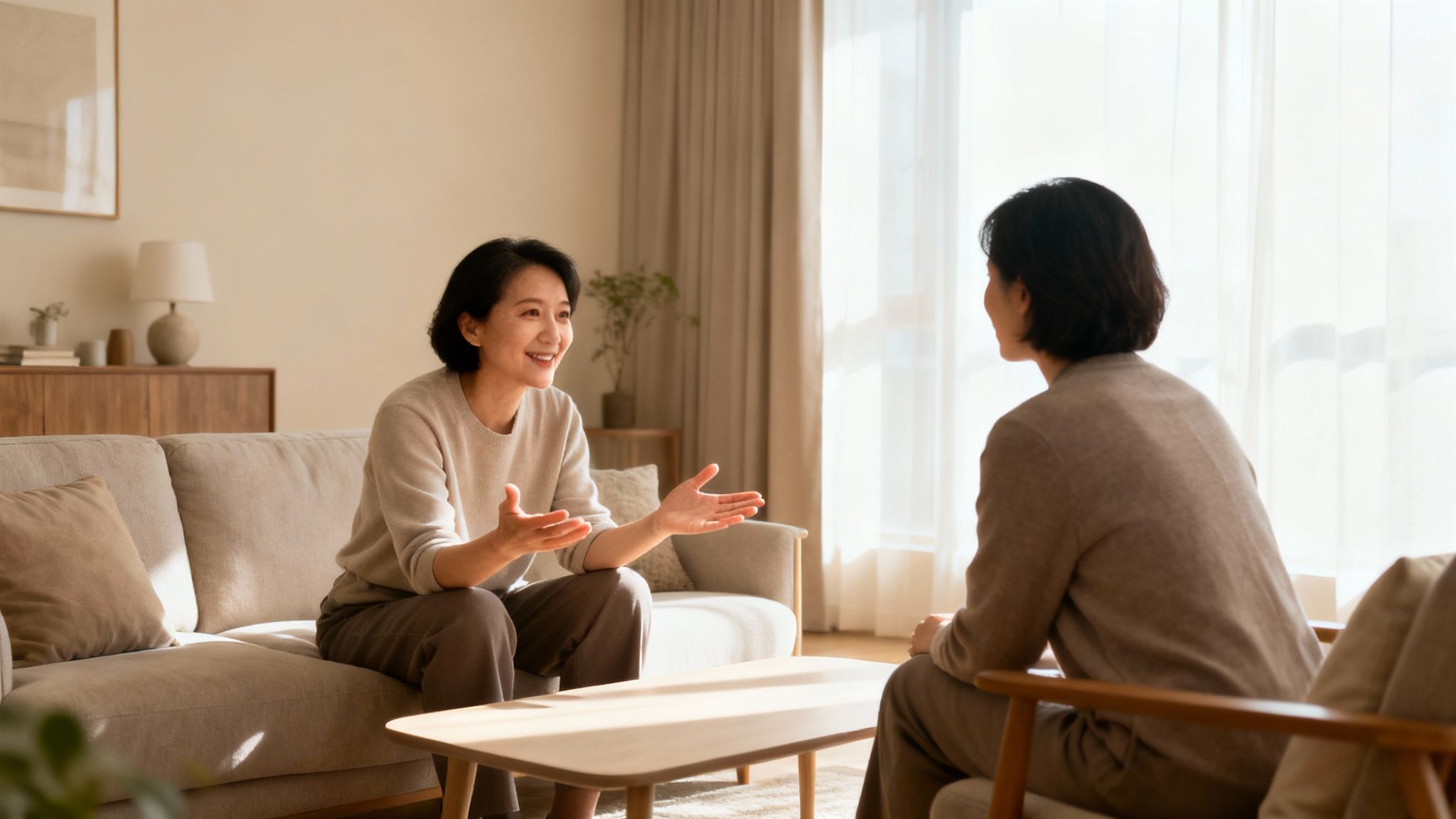 Two Asian women having a friendly conversation in a bright, modern living room.