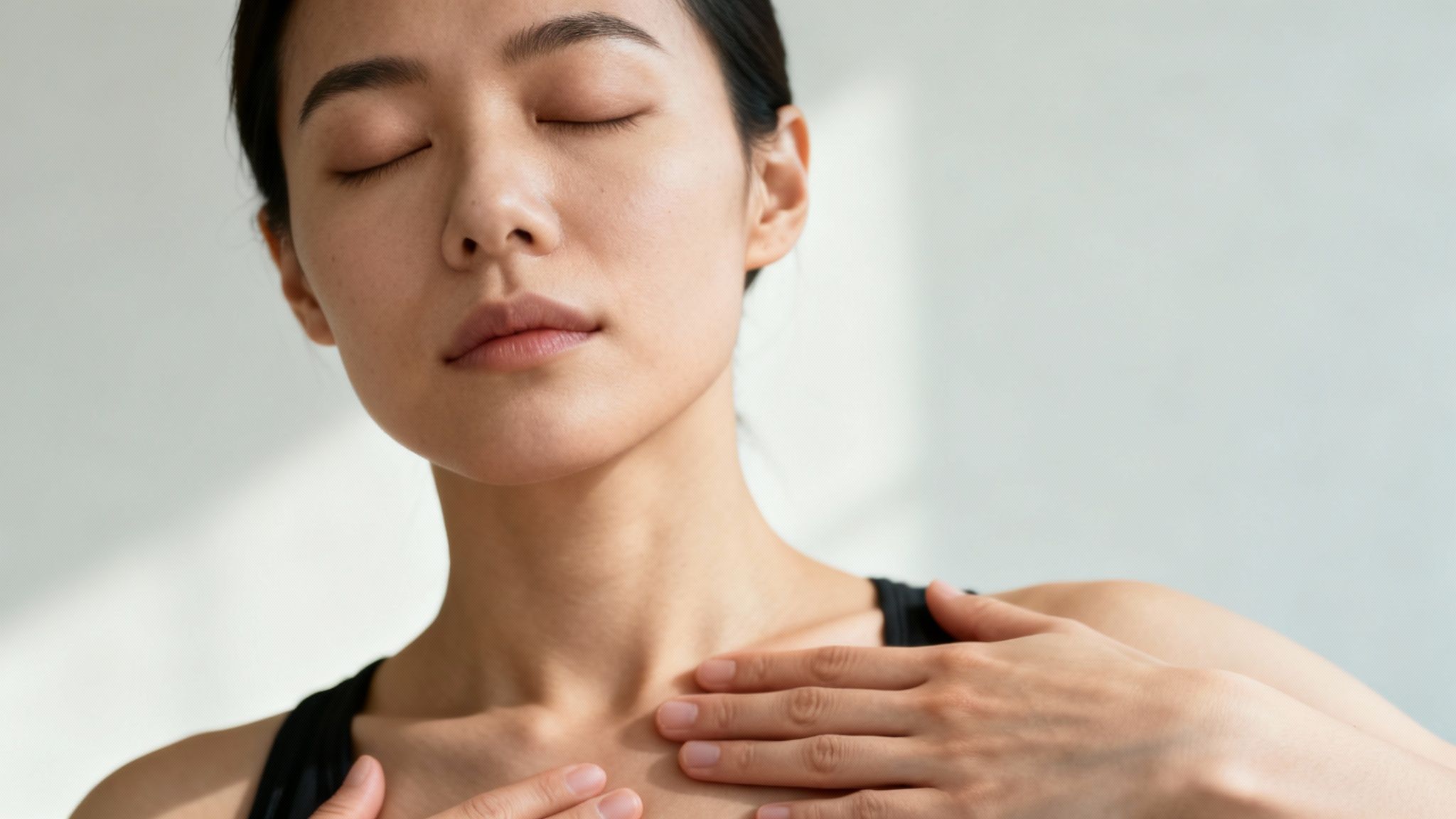 A person taking a deep, calming breath in a serene setting, representing emotional control.