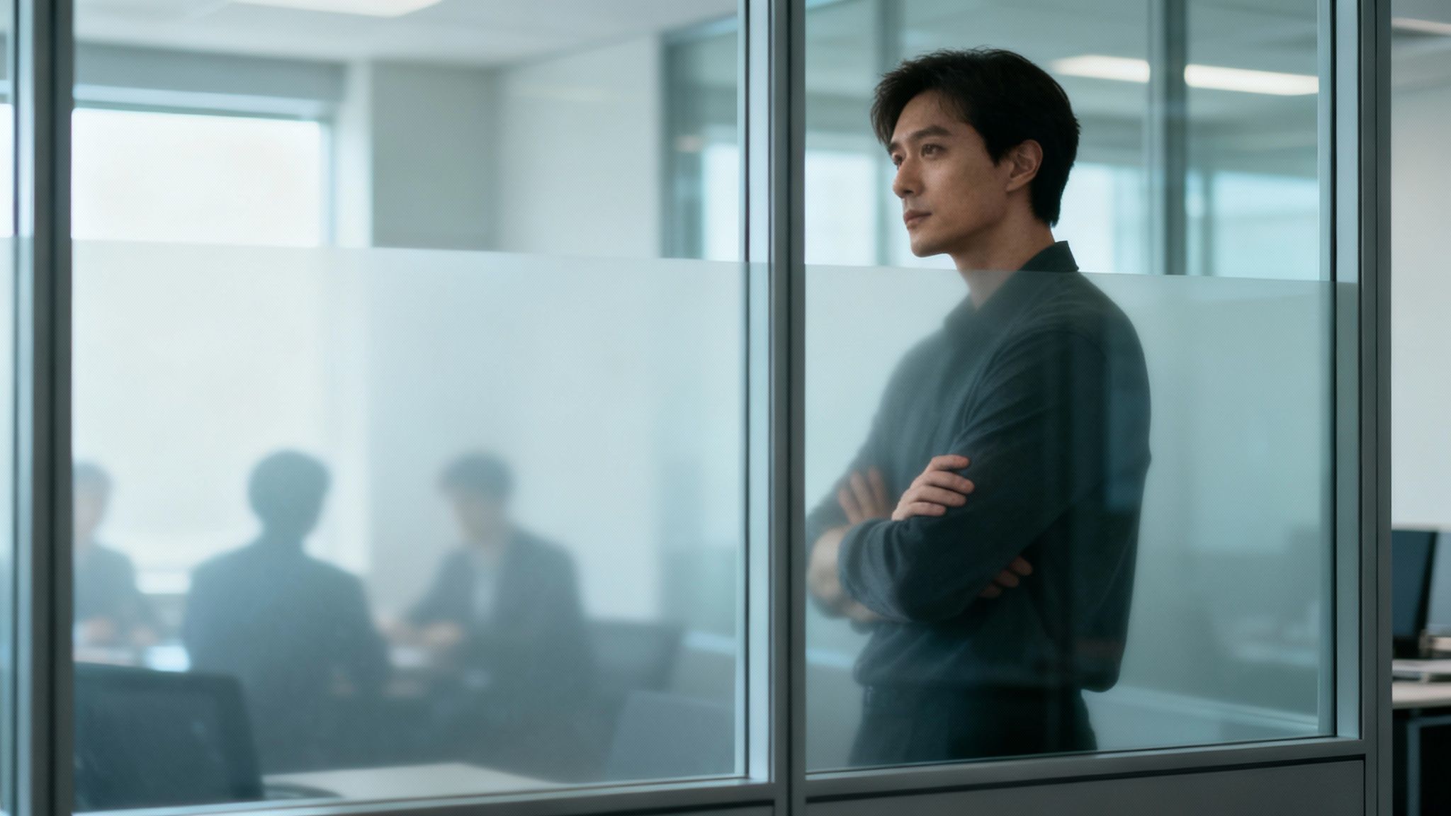 Young professional man standing alone by office window looking contemplative and stressed at work