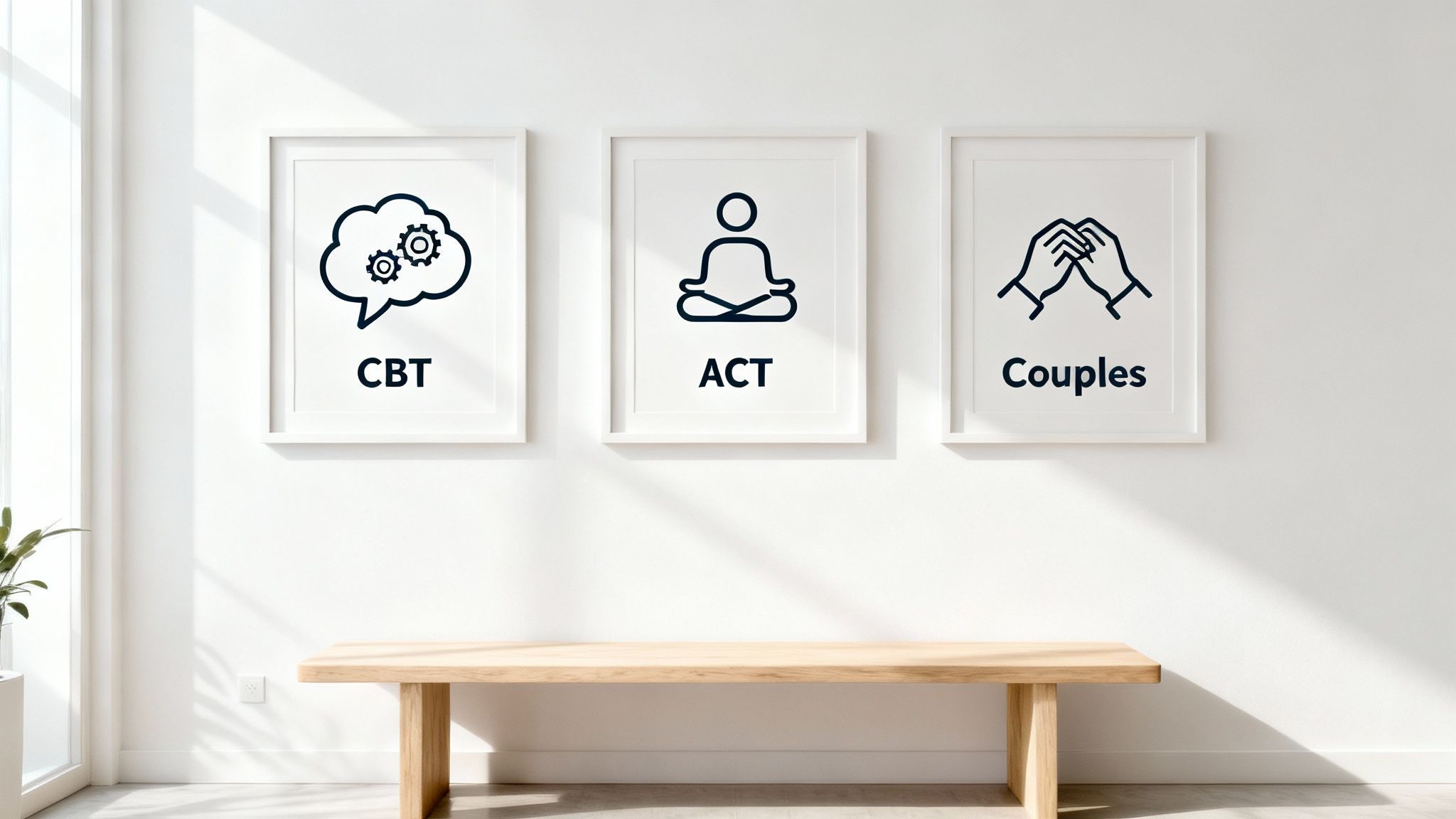 Three framed pictures on a white wall above a wooden bench illustrating CBT, ACT, and couples therapy.