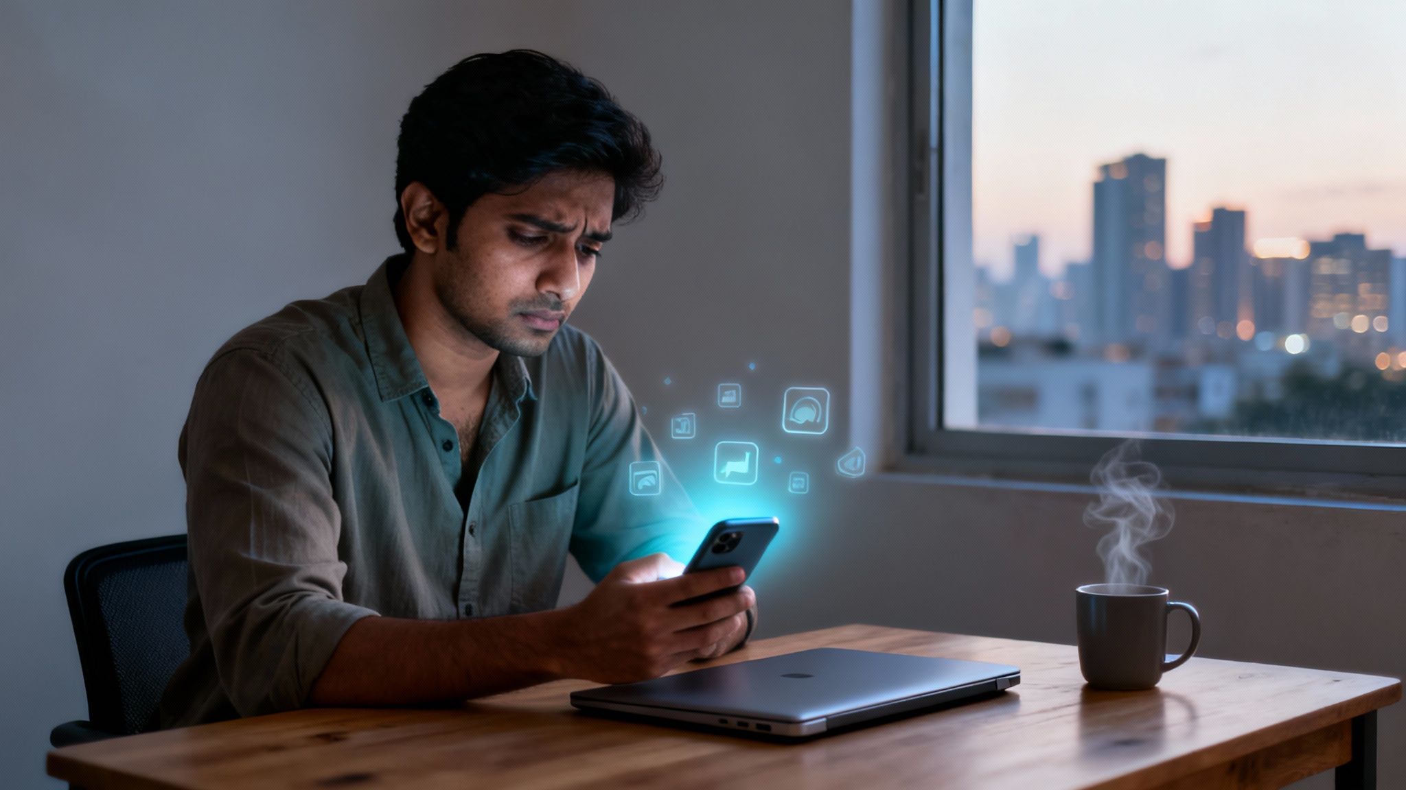 Man concentrates on his smartphone displaying app icons, sitting at a desk with a laptop and steaming coffee.