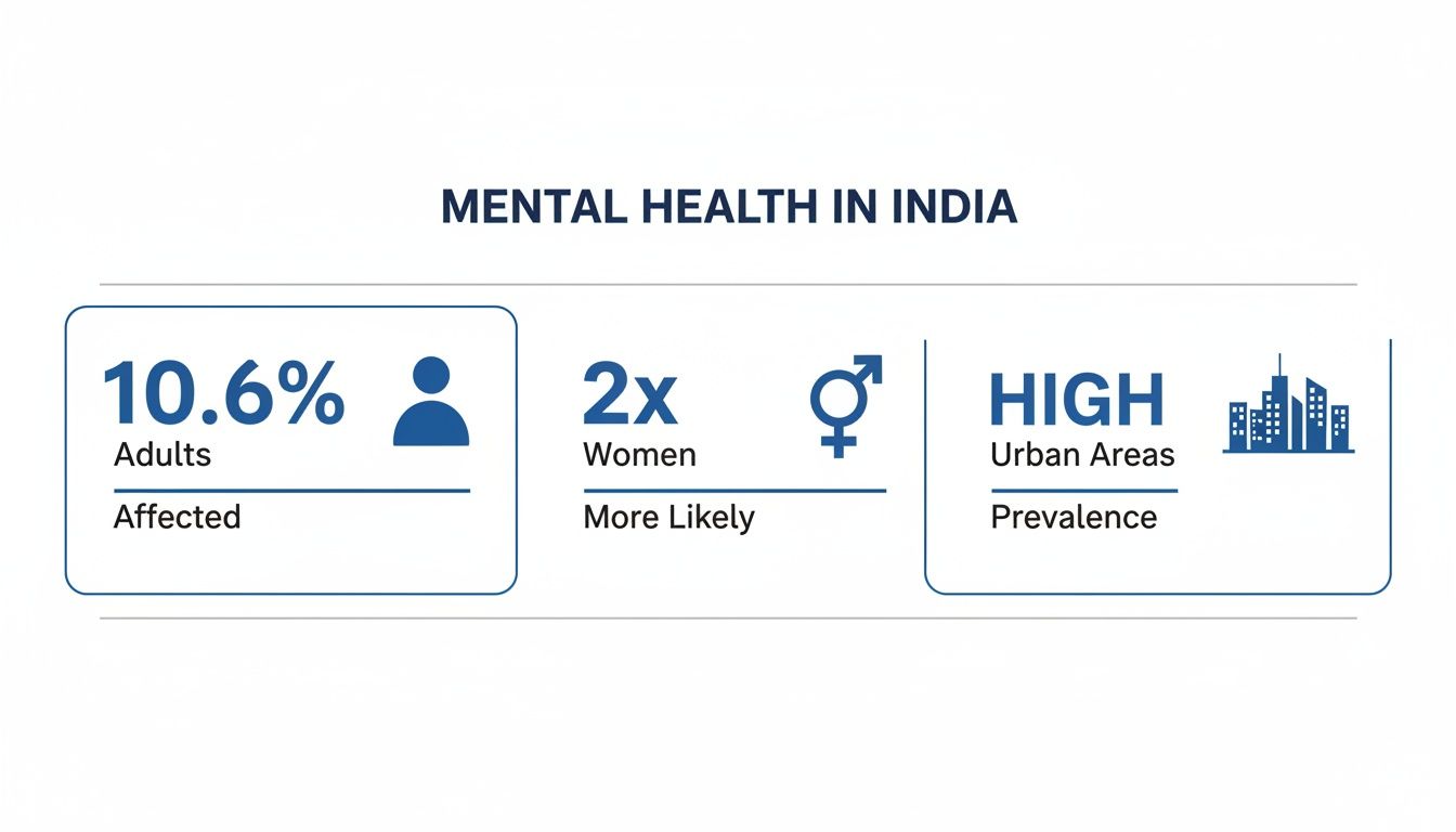 Infographic showing mental health statistics in India: 10.6% adults affected, women 2x more likely, high prevalence in urban areas.
