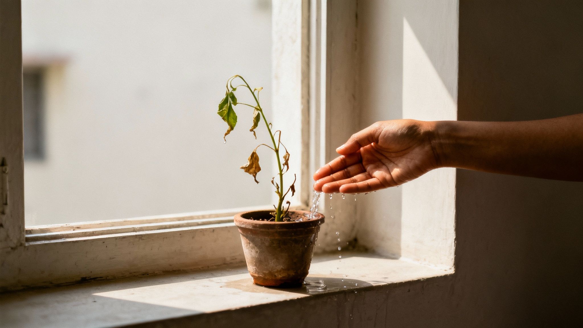 A hand gently waters a wilting potted plant on a sunlit windowsill.
