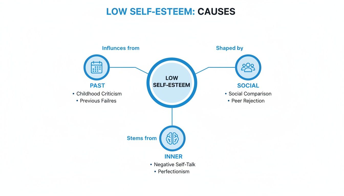 A diagram illustrating the causes of low self-esteem, categorized into past, social, and inner factors.