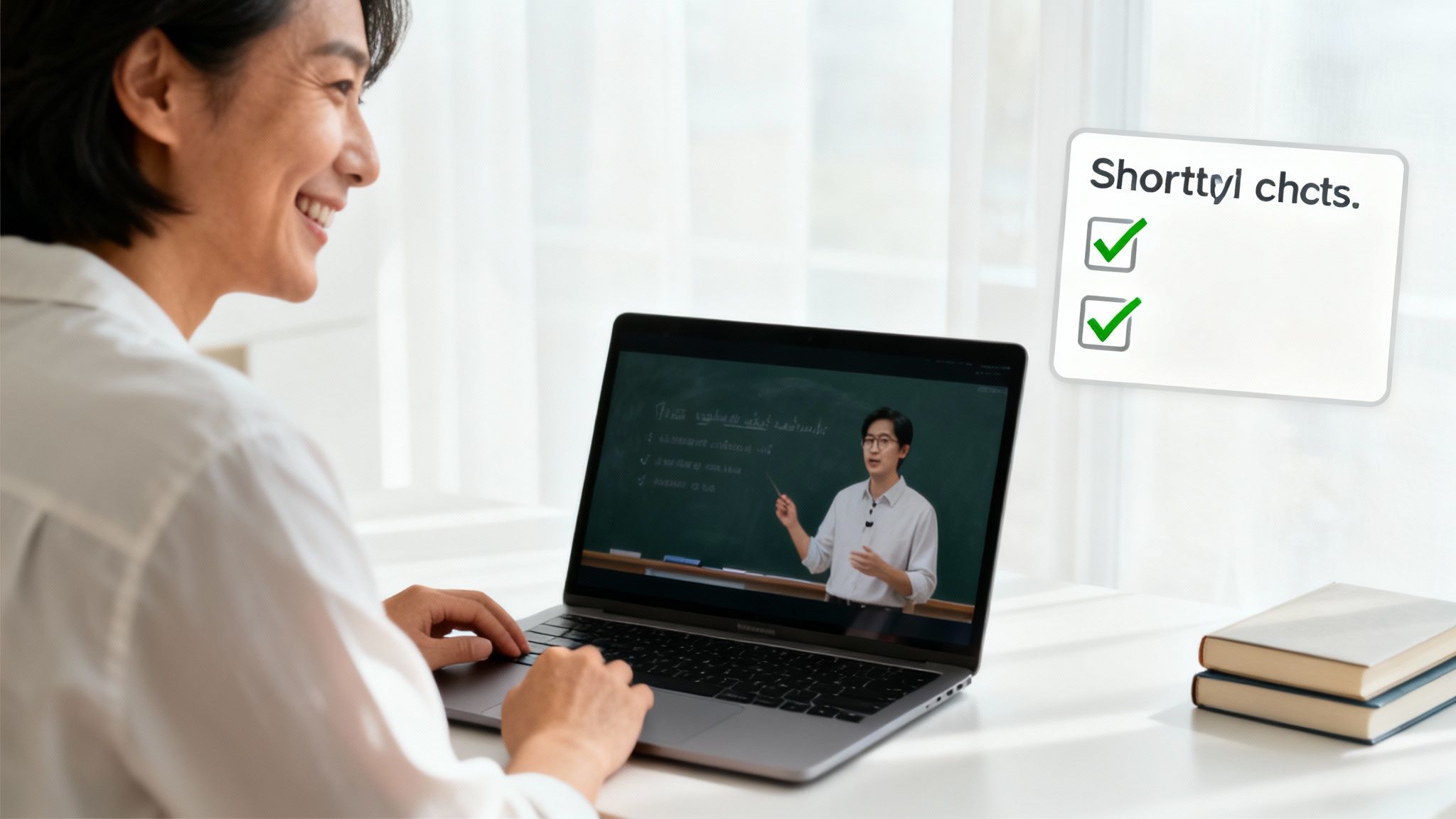 Smiling person learning online, watching a teacher on a laptop with a checklist and books.
