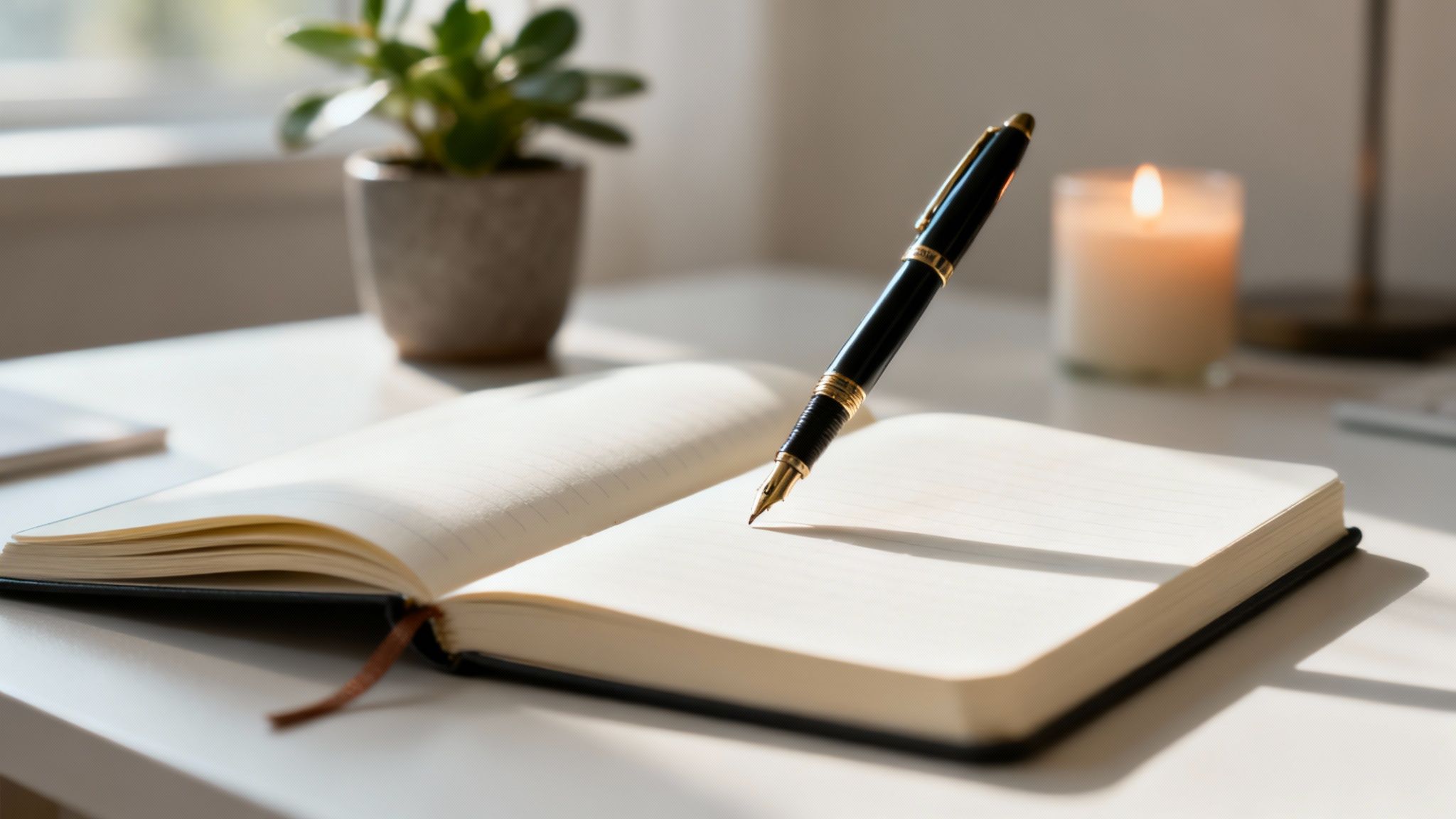 A person journaling in a notebook, looking calm and focused.