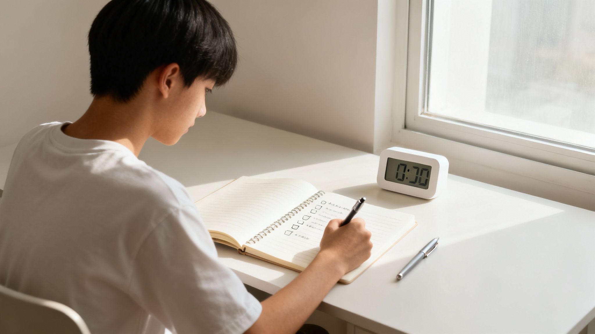 A focused student writing notes in a spiral notebook at a bright desk near a window.