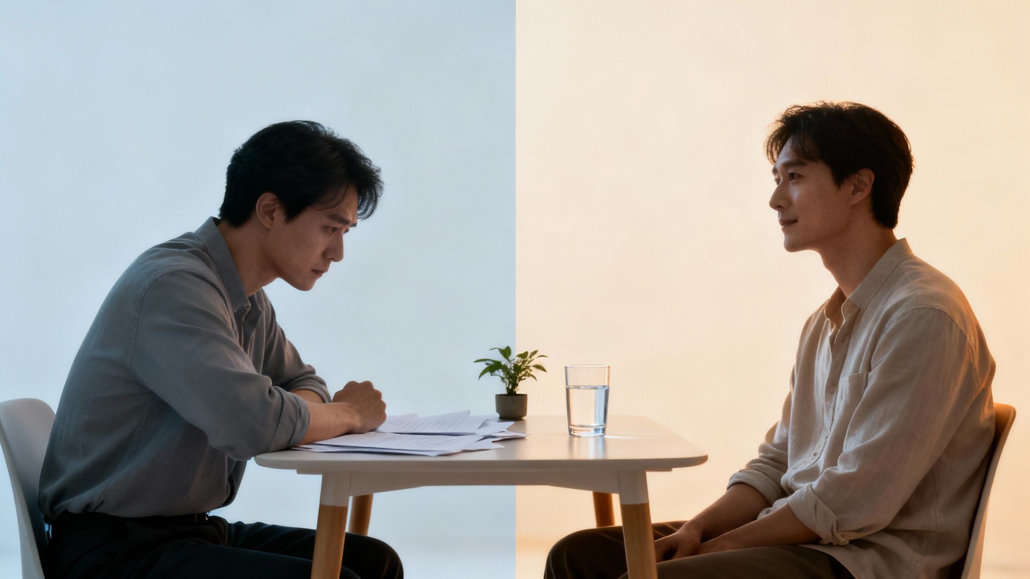 A man split into two scenes: one serious with documents, the other relaxed and smiling.