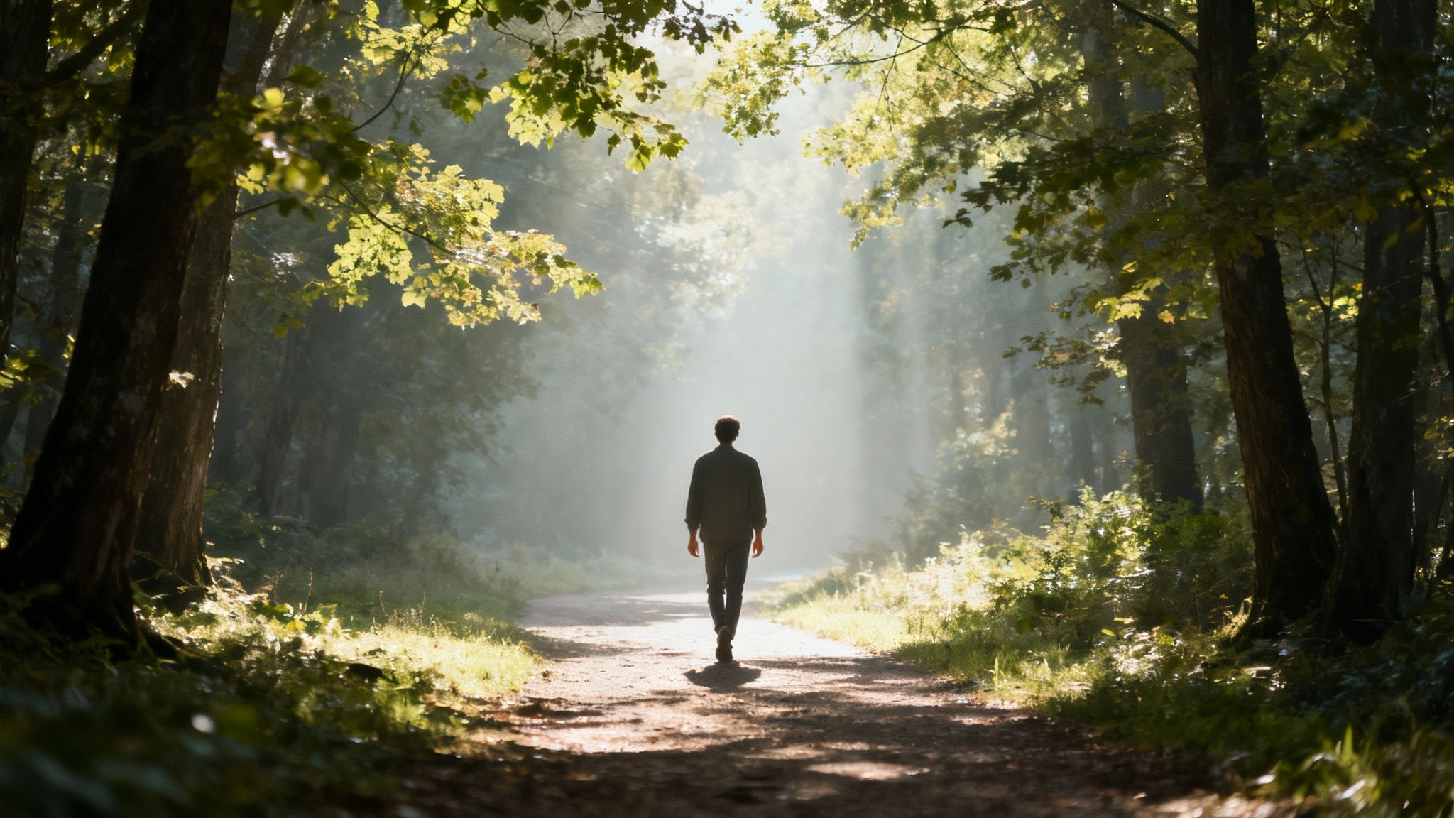A lone figure walks into bright light on a forest path, surrounded by tall trees and mist.