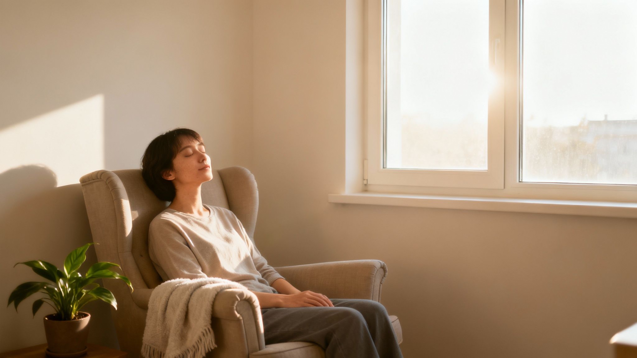 Woman relaxing peacefully in comfortable armchair by sunny window during mental health therapy session