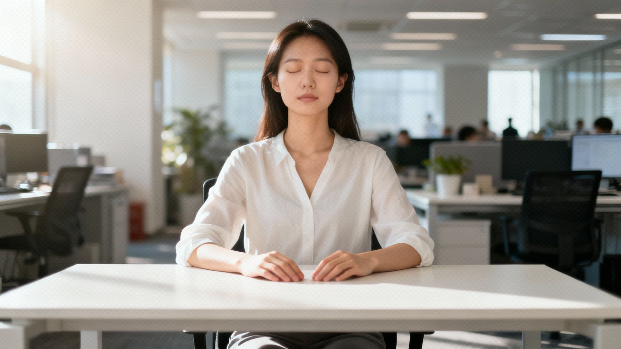A person sitting in a calm, meditative pose with hands resting on their knees, embodying the peace found through pranayama.