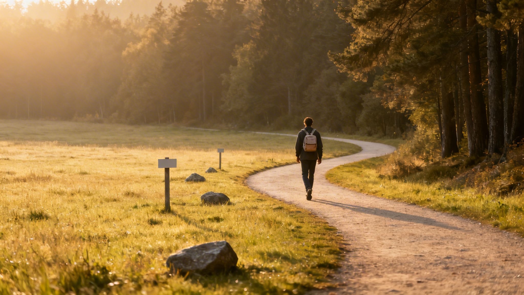A lone person with a backpack walks on a winding path through a sunny field and forest.