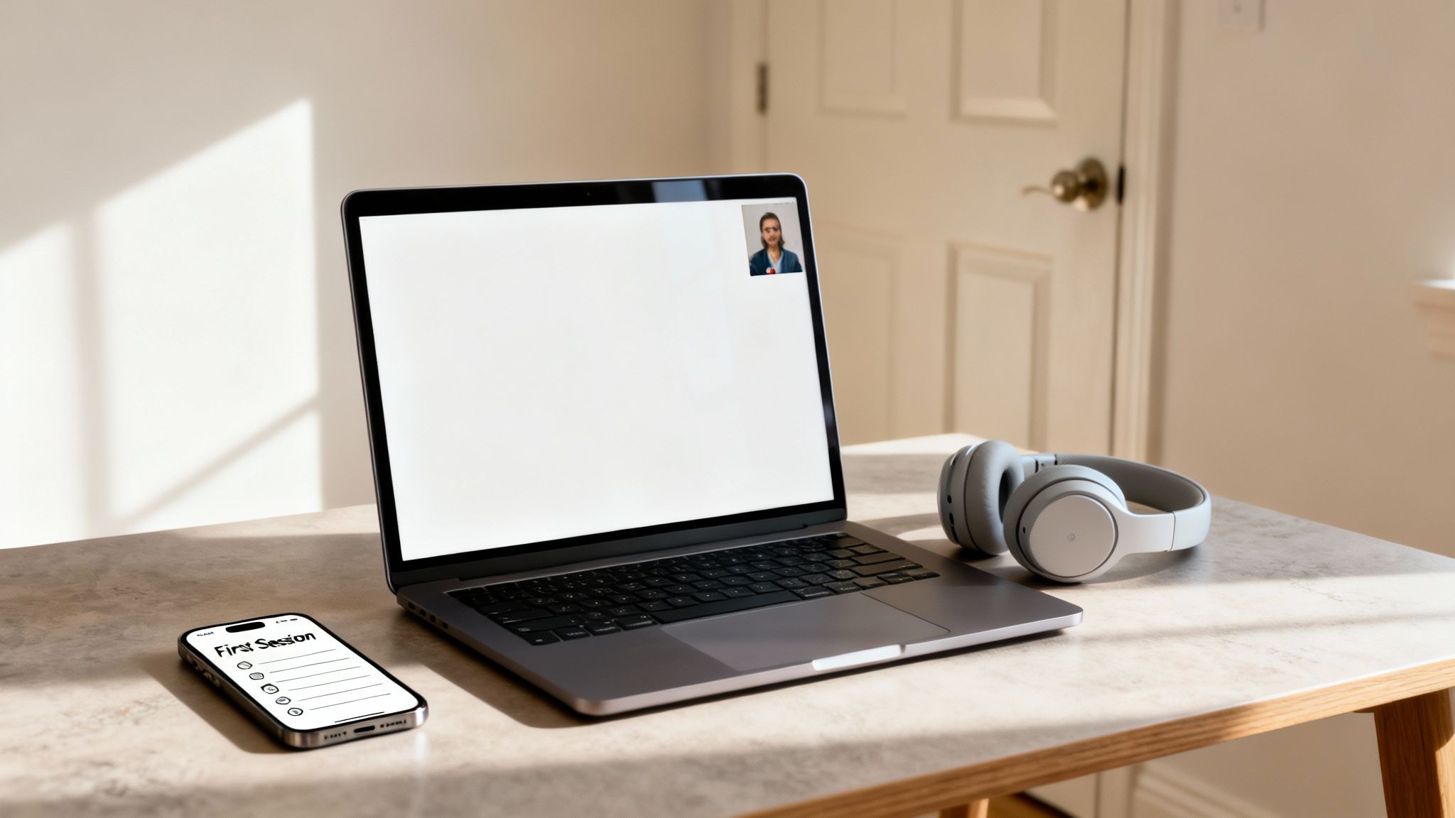A laptop showing a video call with a woman, a smartphone with a checklist, and headphones on a desk.