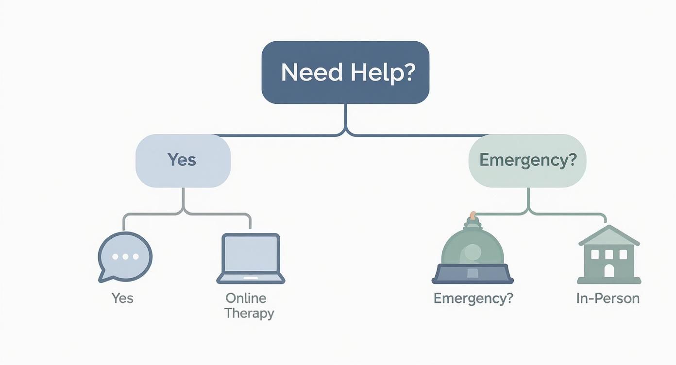 Mental health support flowchart showing options for online therapy, in-person care, and emergency services