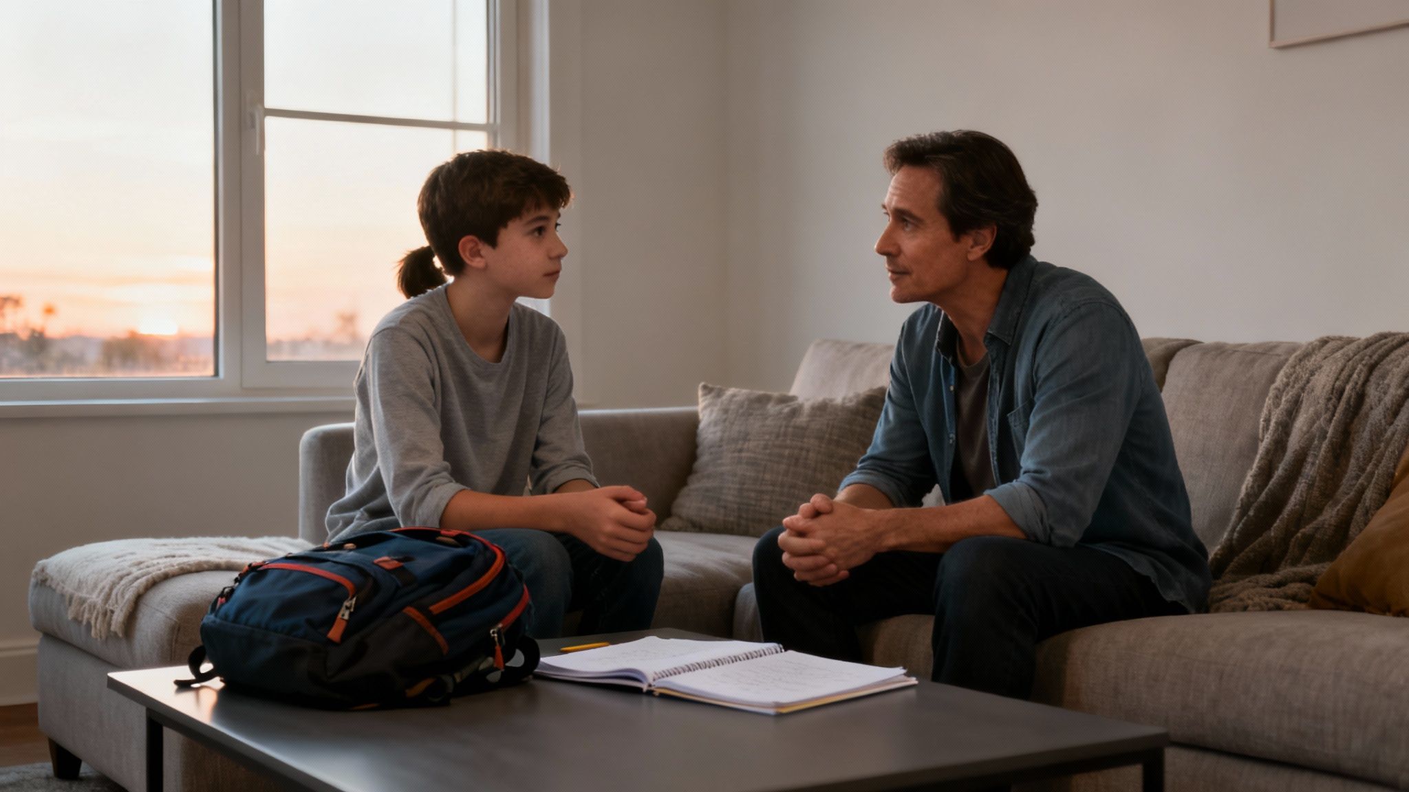 A father and son sit on a couch, talking seriously, with school supplies on the coffee table.