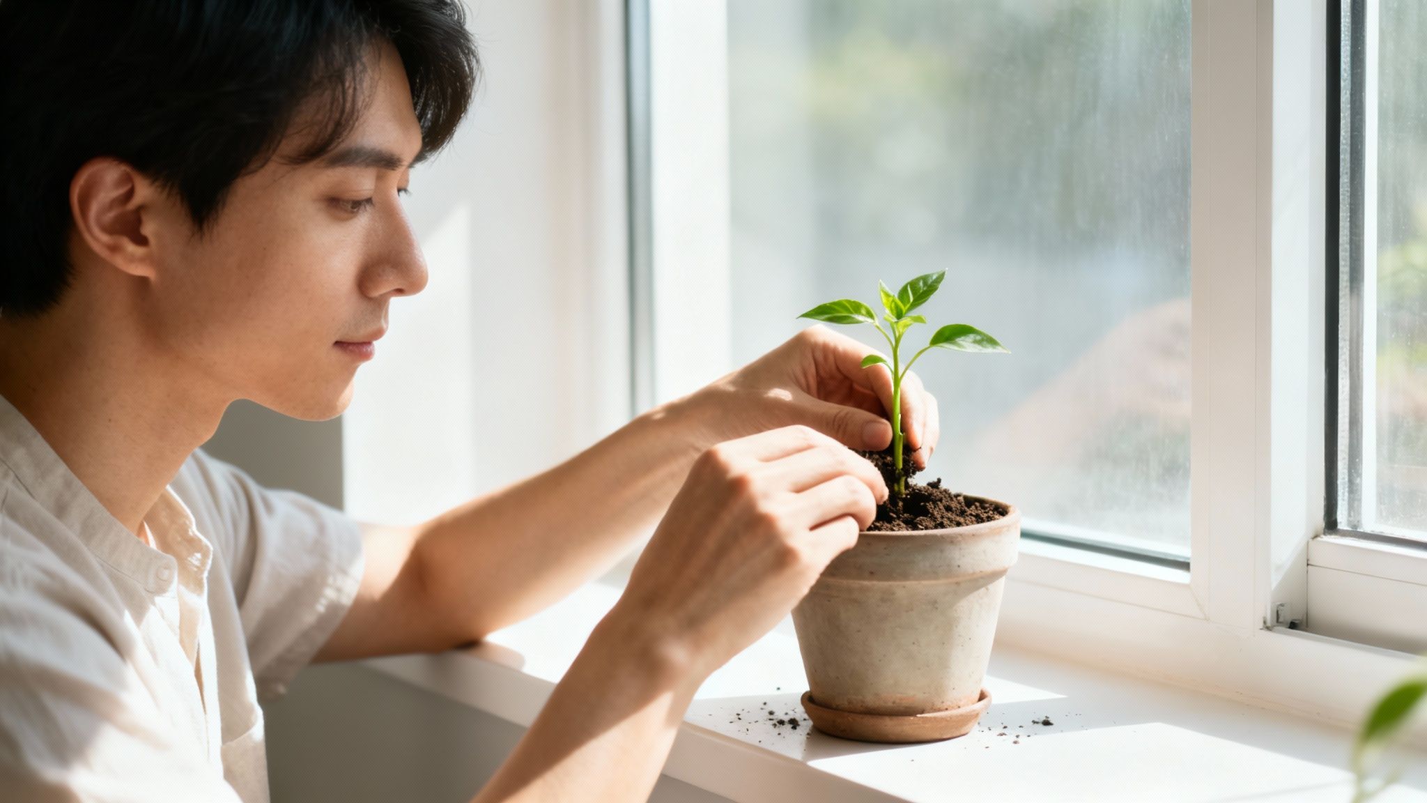 A young man carefully plants a small green seedling into a terracotta pot by a sunny window.