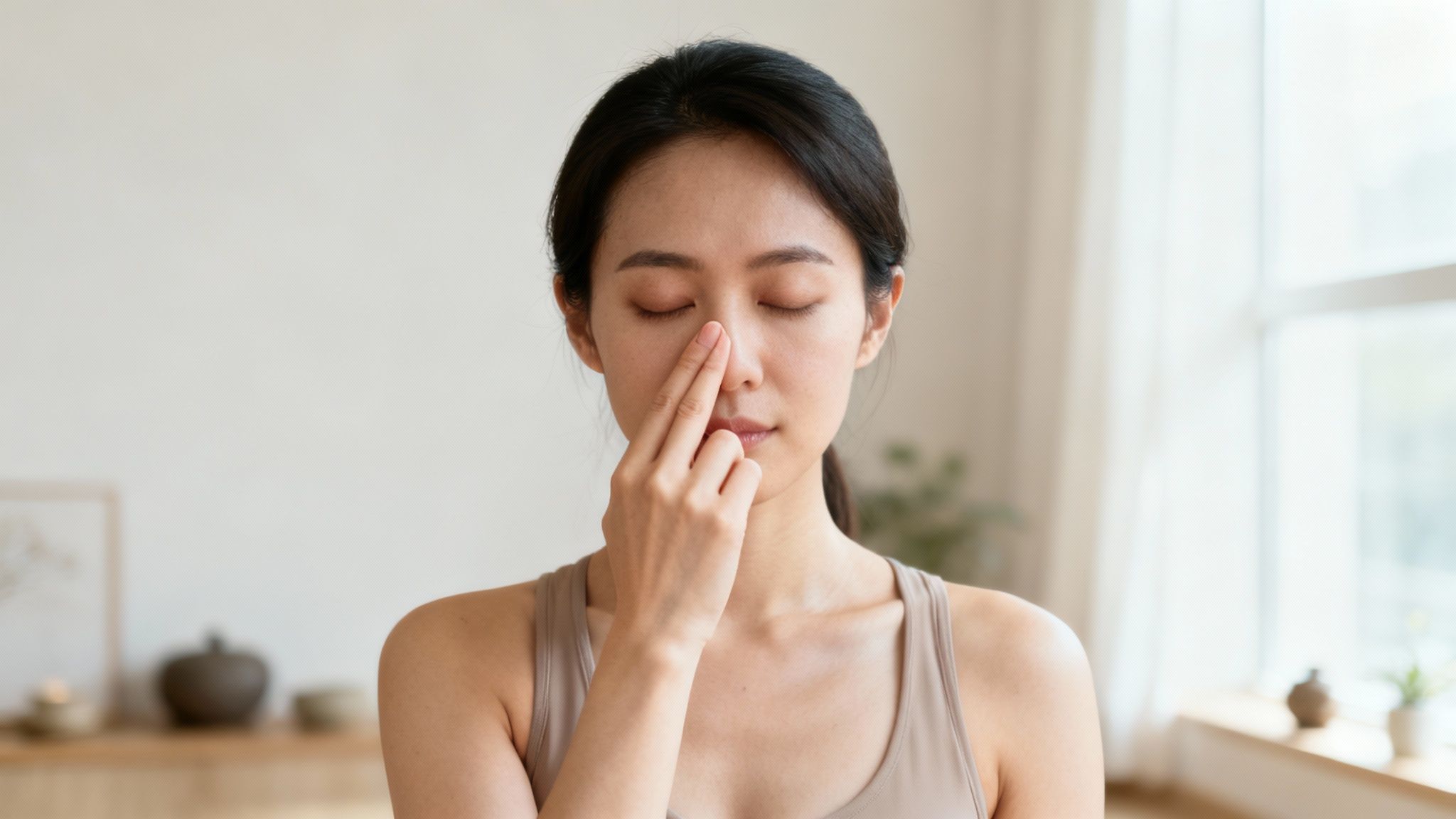 A person practising Alternate Nostril Breathing (Nadi Shodhana) in a serene setting, showcasing a practical pranayama technique.