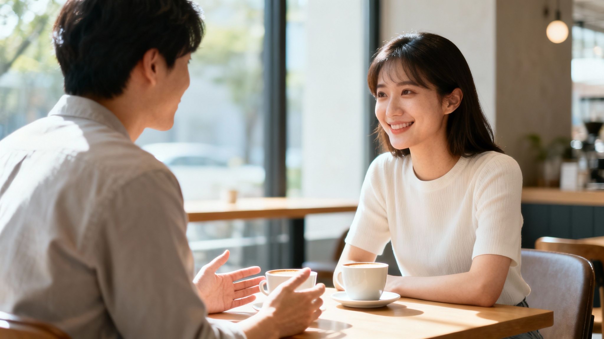 Smiling couple enjoying coffee and conversation at a cafe table with sunny window.