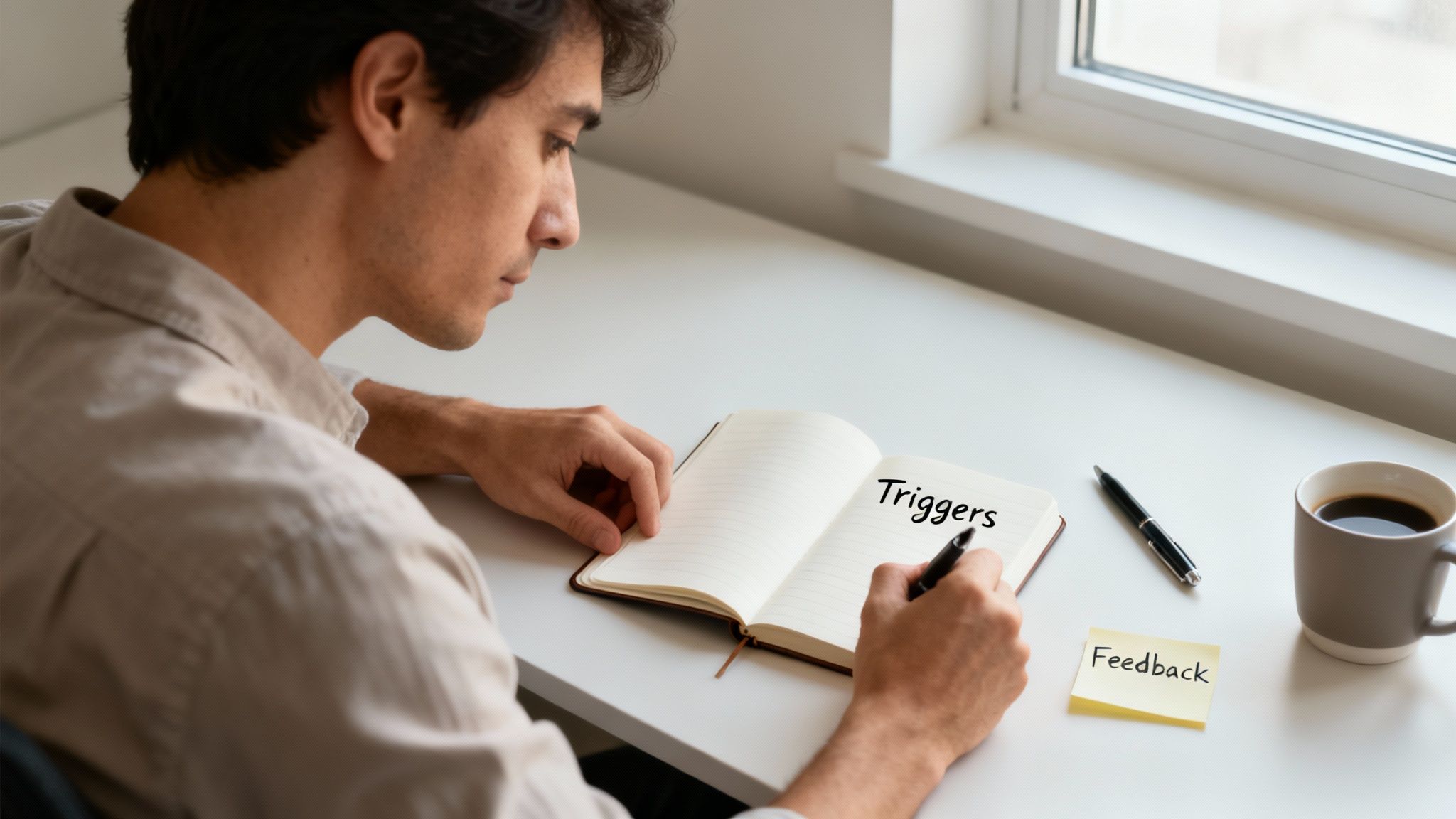 A person writing 'Triggers' in a notebook, with a 'Feedback' sticky note and a coffee cup.