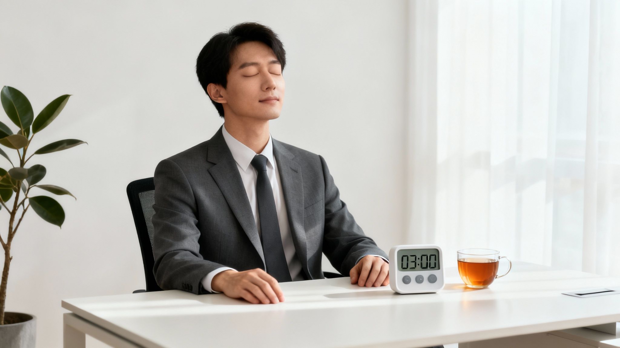 Asian businessman meditating at his office desk with eyes closed and a timer displaying 03:00.