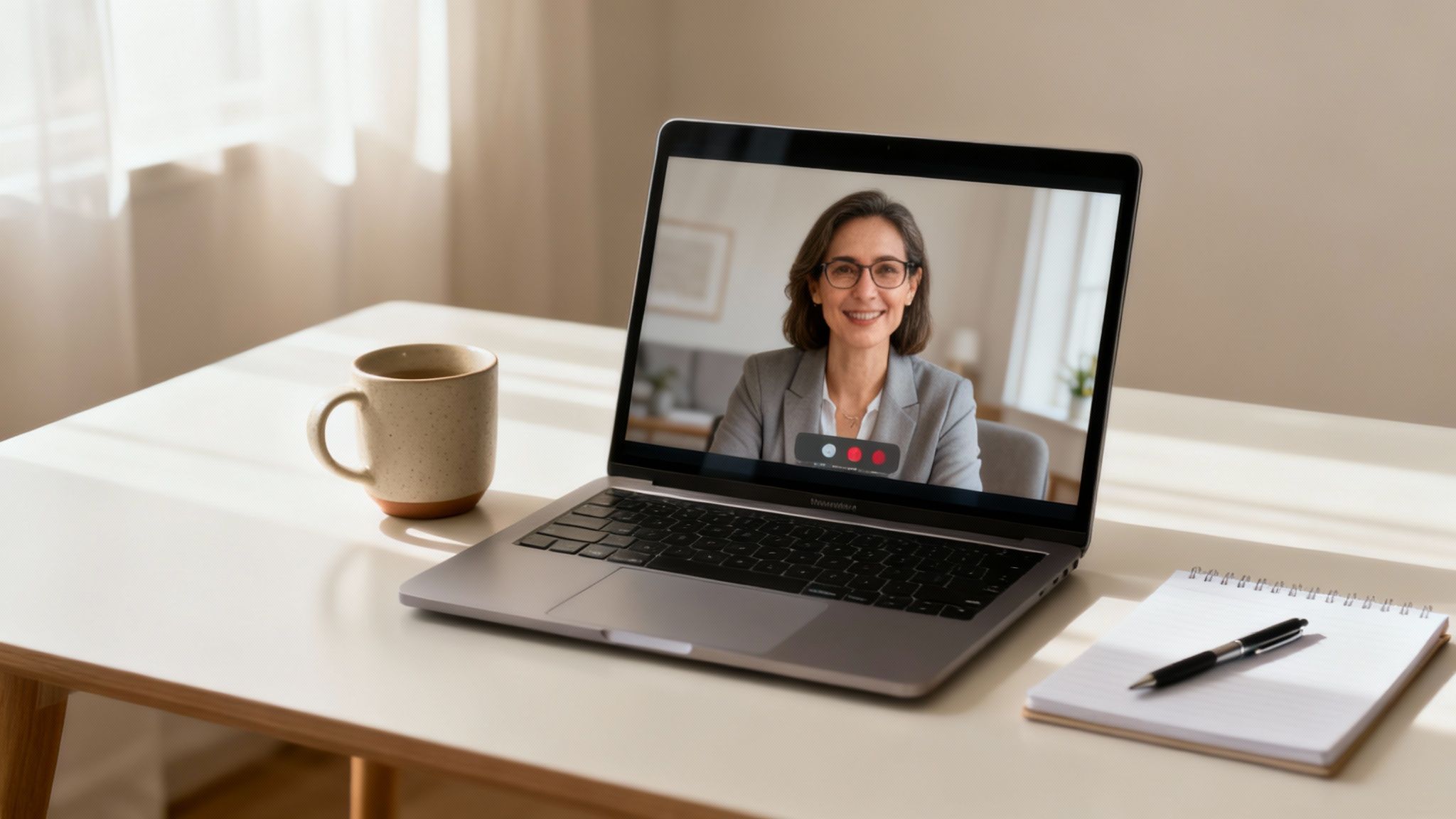 Professional woman therapist smiling during virtual video call session on laptop screen