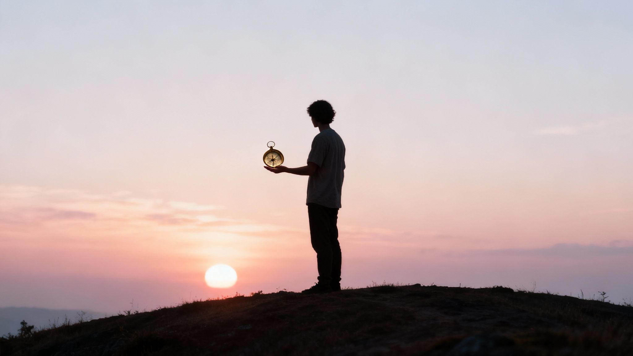 Silhouette of a person holding a glowing compass against a beautiful sunset sky, standing on a hilltop.