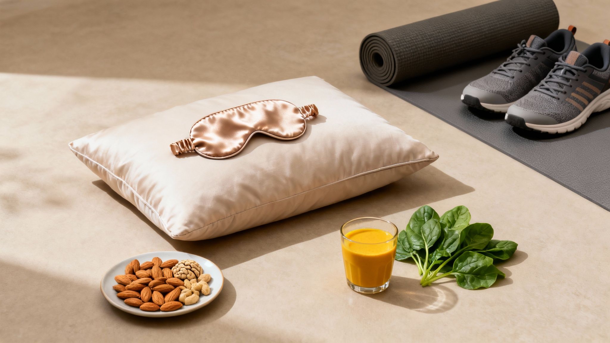 A serene setup for wellness with a pillow, eye mask, nuts, juice, spinach, yoga mat, and sneakers.
