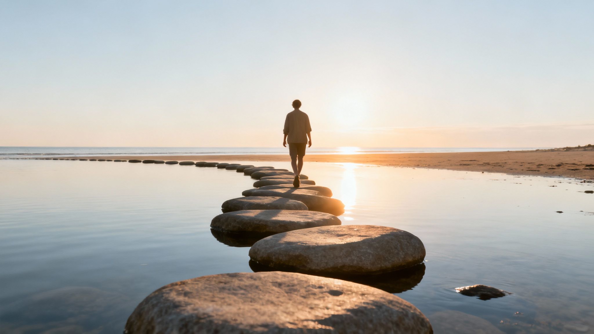 A person walks on stepping stones towards a glowing sunset over the ocean, symbolizing a new path.