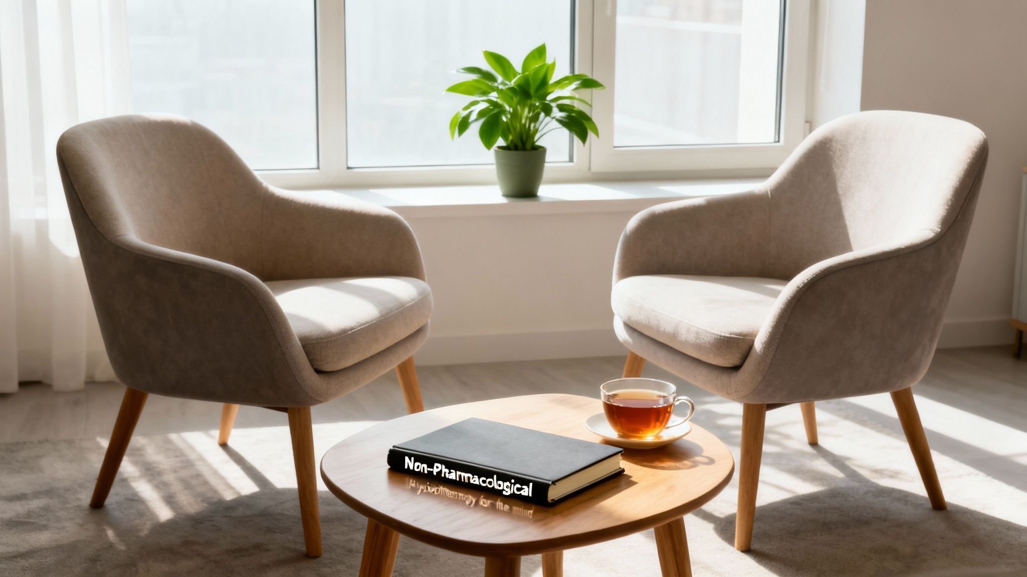 A peaceful therapy setting with two beige armchairs and a book on non-pharmacological treatment.