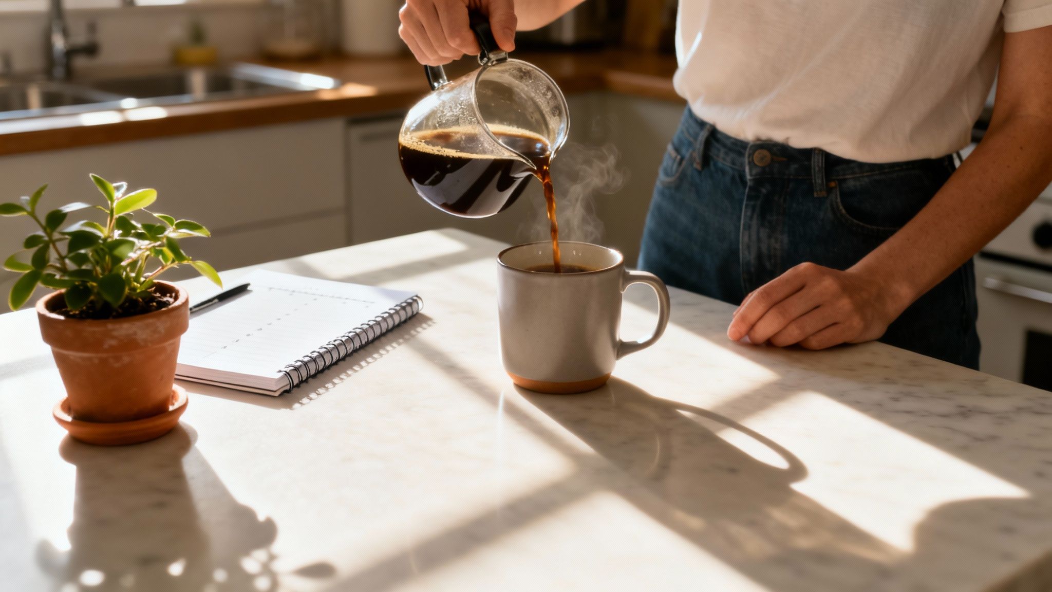 Person pouring hot coffee into a mug on a sunny kitchen counter with a small plant and notebook.