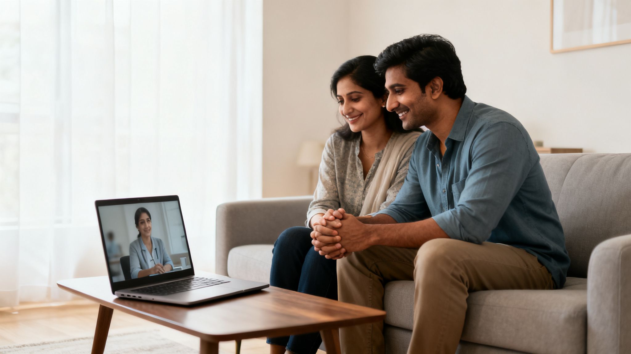 A smiling Indian couple on a couch having an online video consultation with a female therapist.