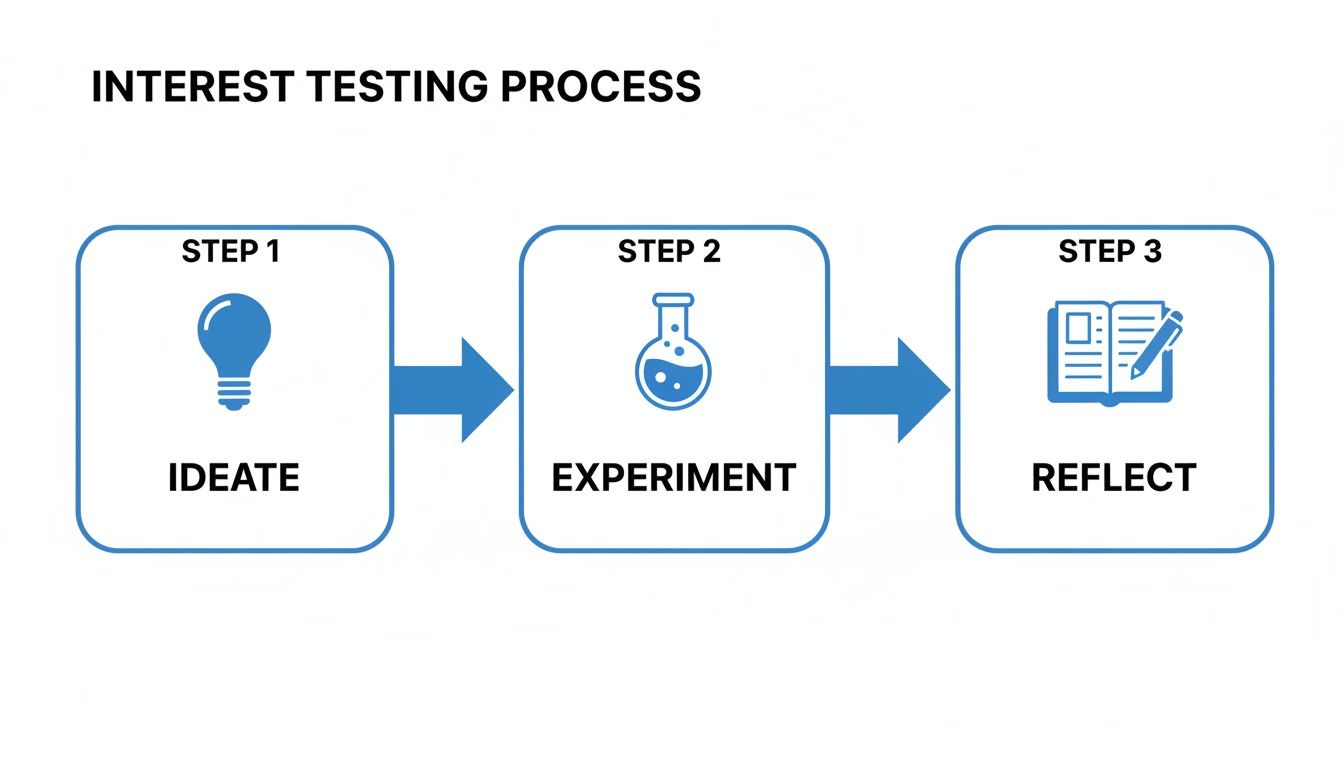 A diagram illustrating a three-step interest testing process: ideate, experiment, and reflect.