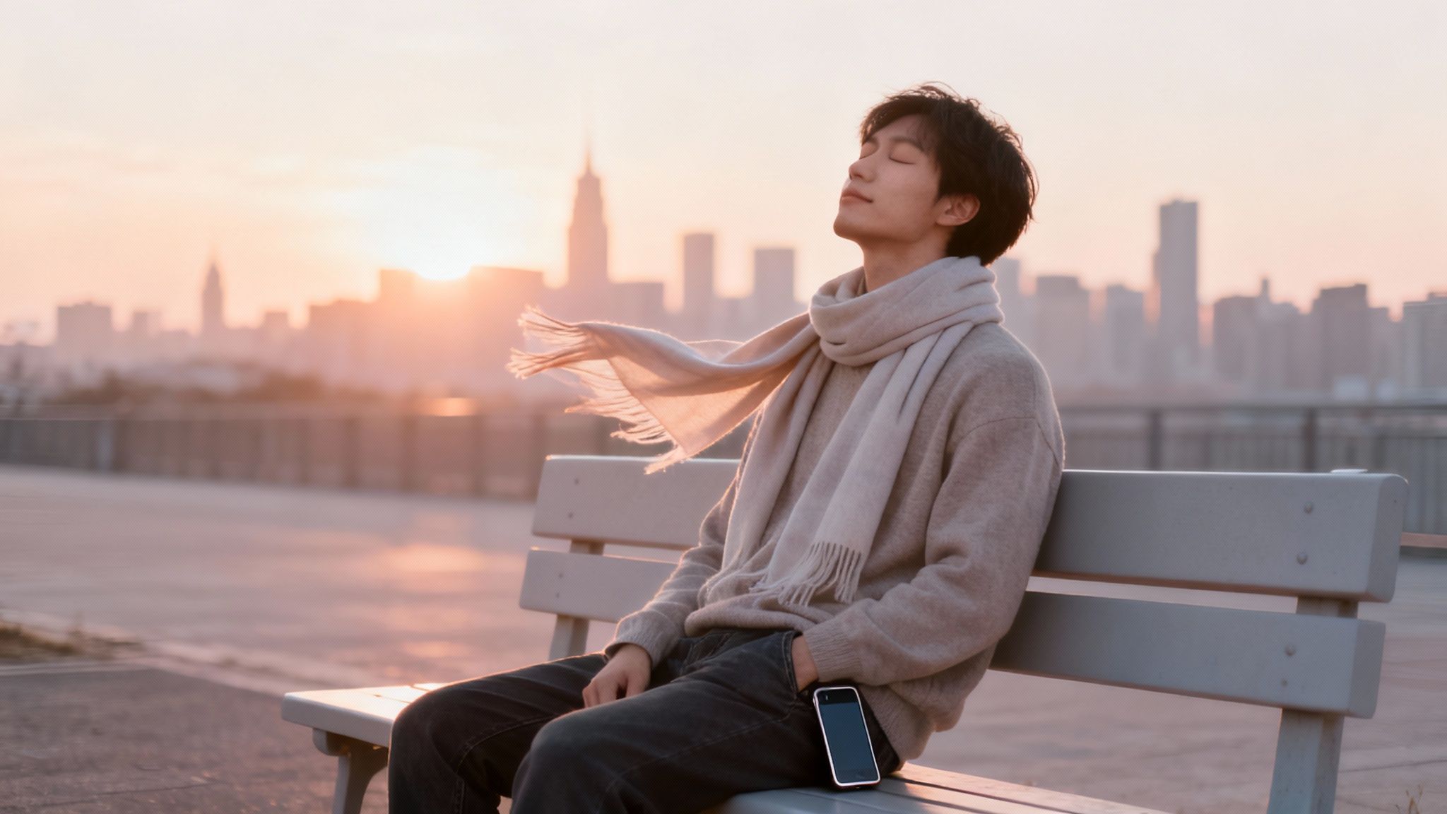 Young man with closed eyes enjoys a peaceful sunset on a bench with a city skyline.