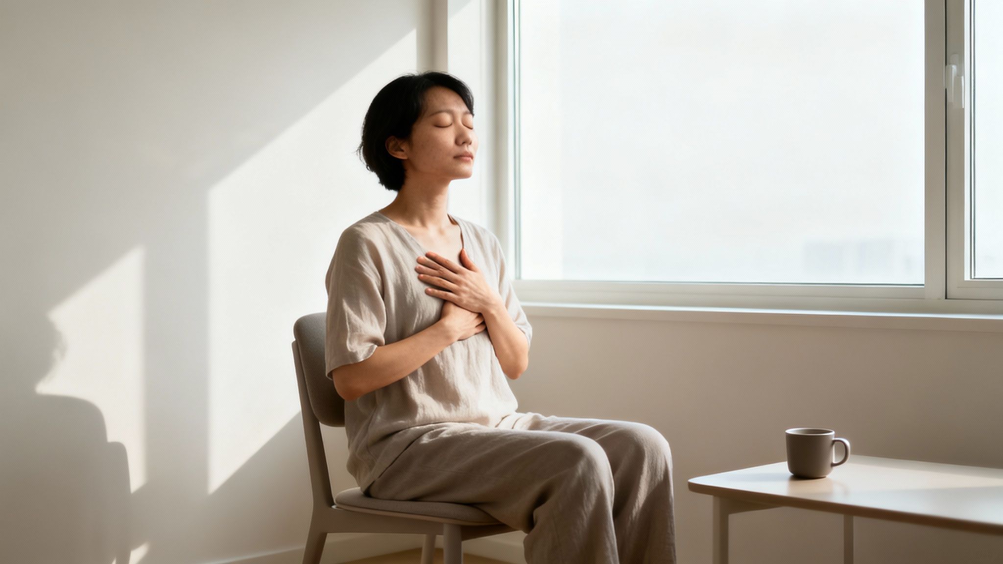 Peaceful woman sits by a window with closed eyes and hands on her chest.