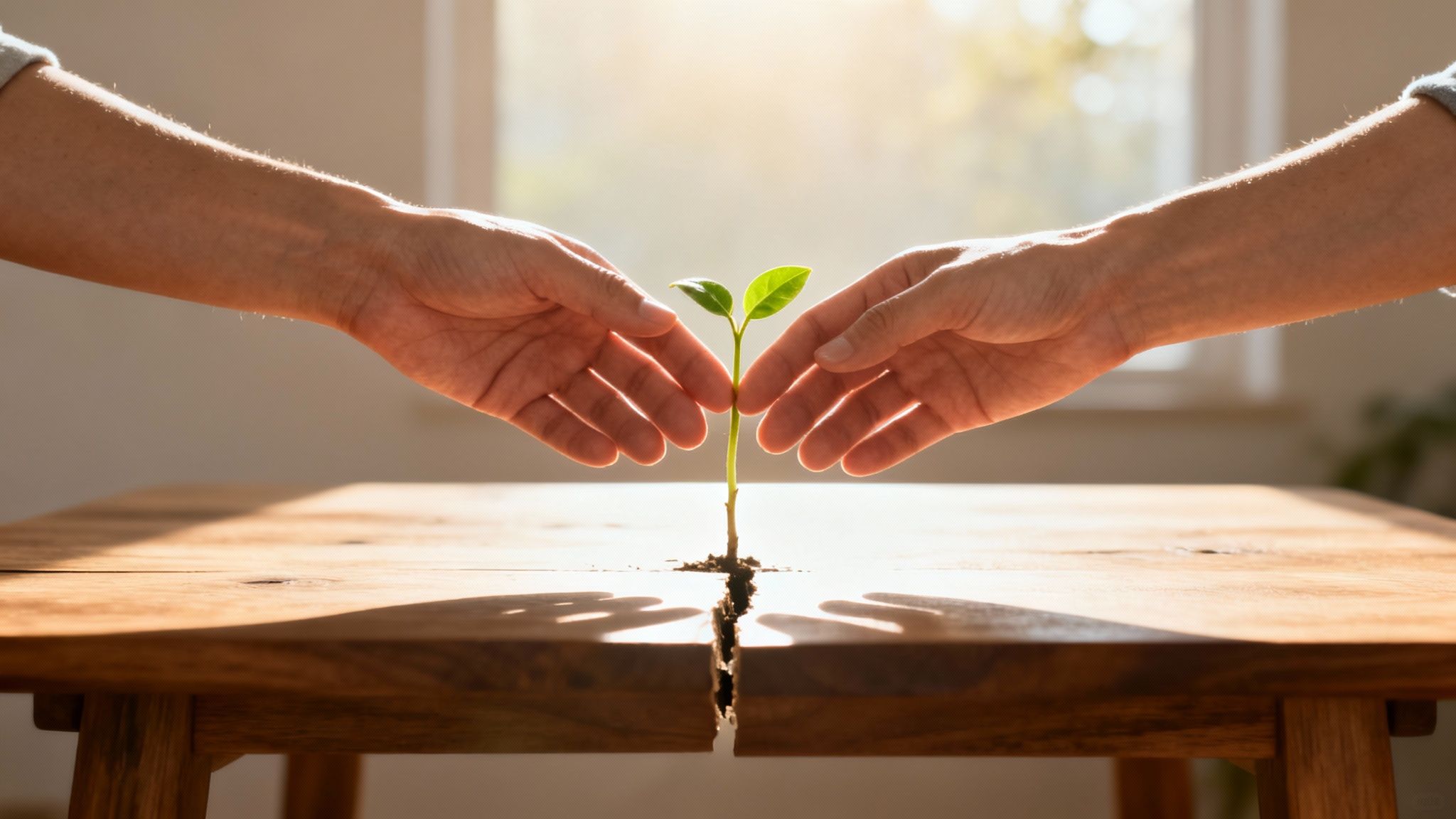 Two hands gently nurture a small green plant growing from a cracked wooden table in sunlight.