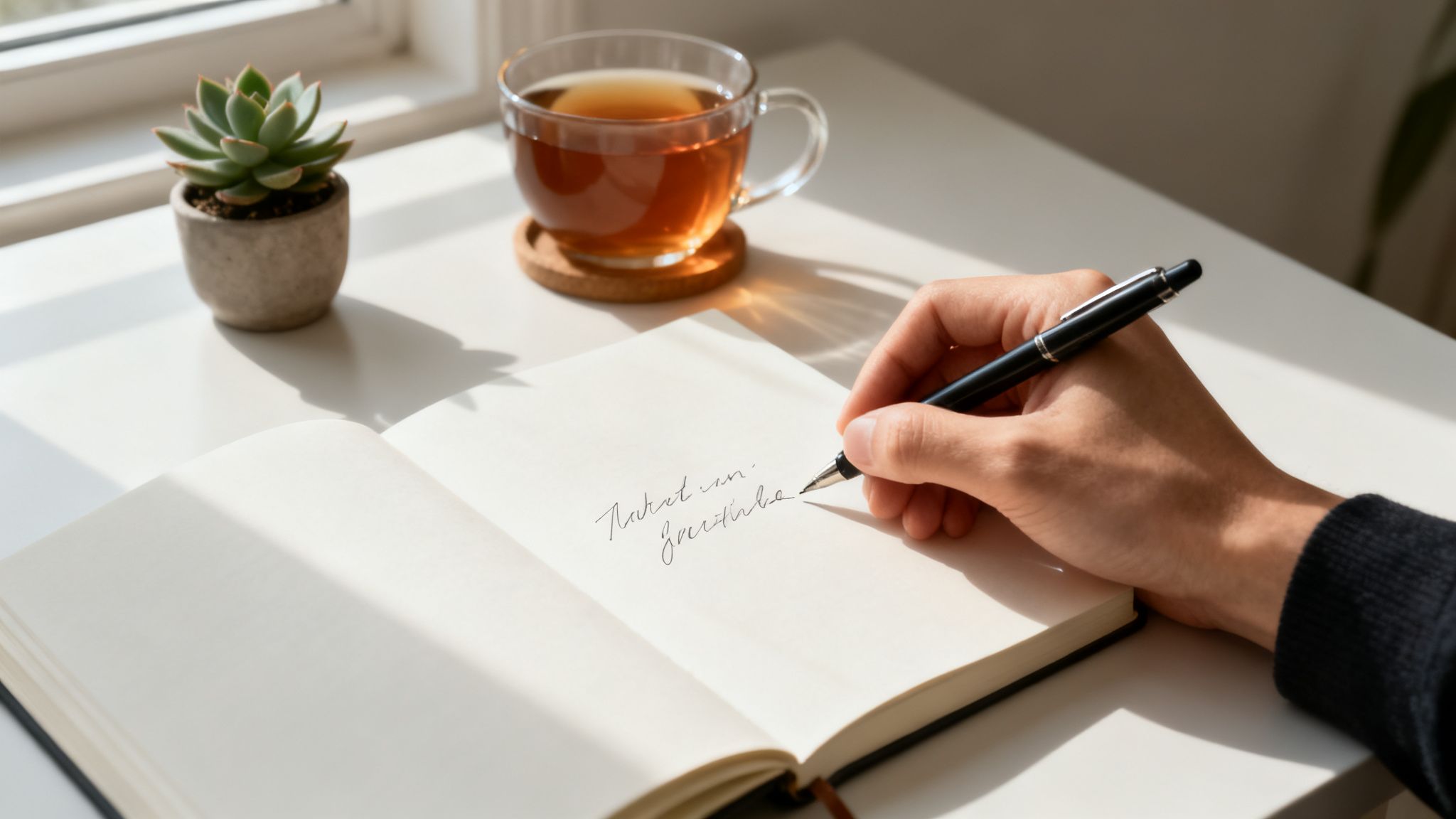 A person writes 'What I am grateful for' in a notebook with a pen, next to a succulent and a cup of tea.