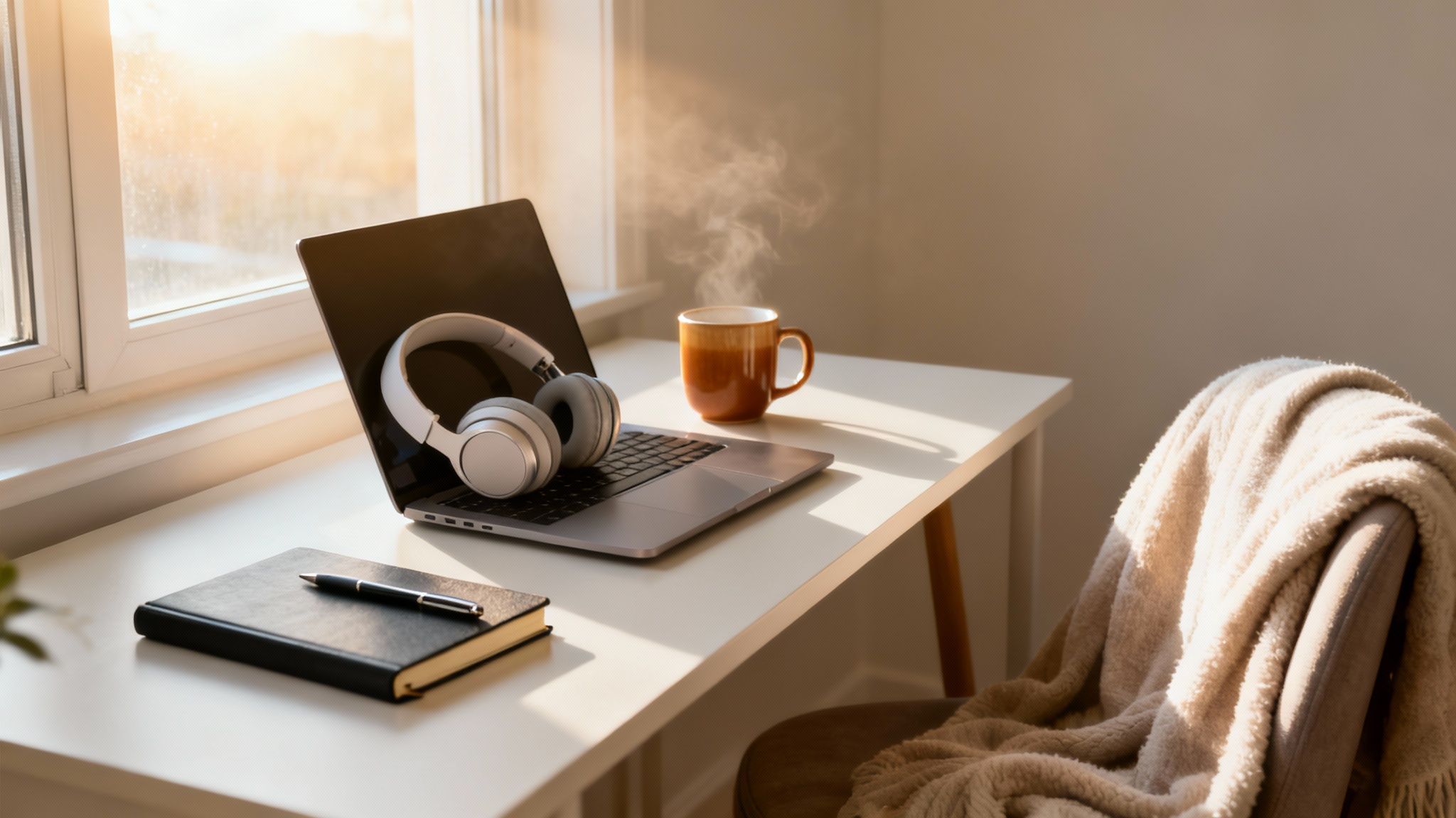 A cozy, sunlit workspace with a laptop, headphones, steaming mug, and notebook by a window.