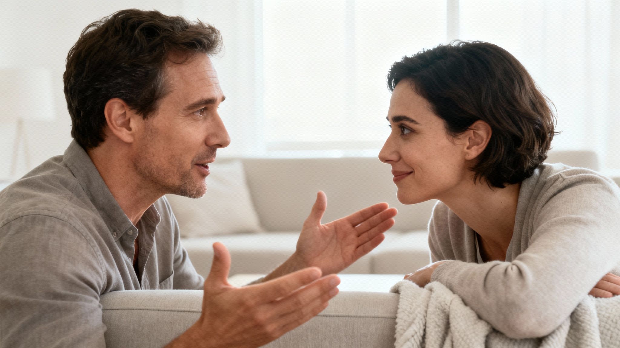 A man and a woman are seated, looking at each other and engaging in a casual conversation.