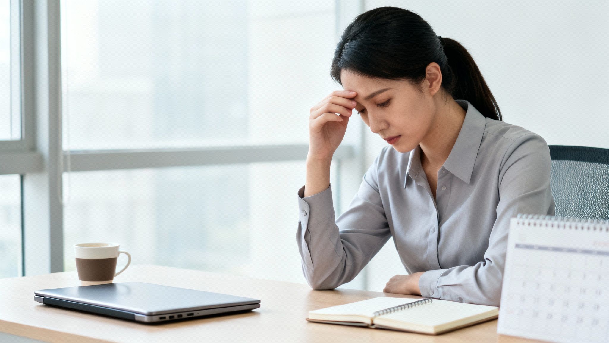 A person sitting at a desk looking tired and overwhelmed by work.