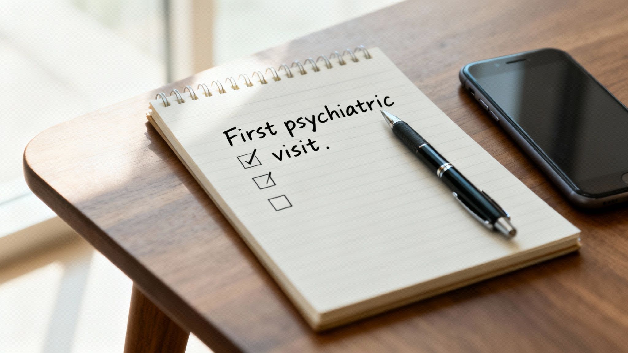 A person sitting calmly in a sunlit room, looking out the window while holding a notebook and pen.