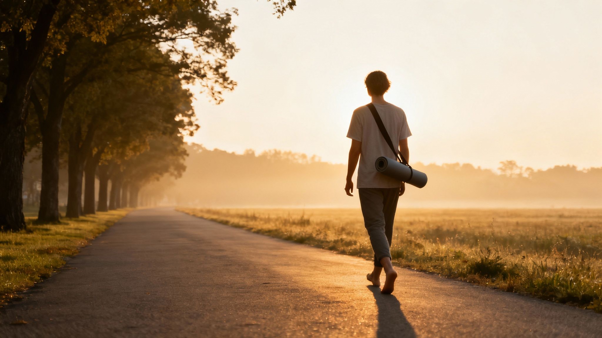 A person practicing yoga peacefully in a sunlit room, embodying a quiet and centred mind.