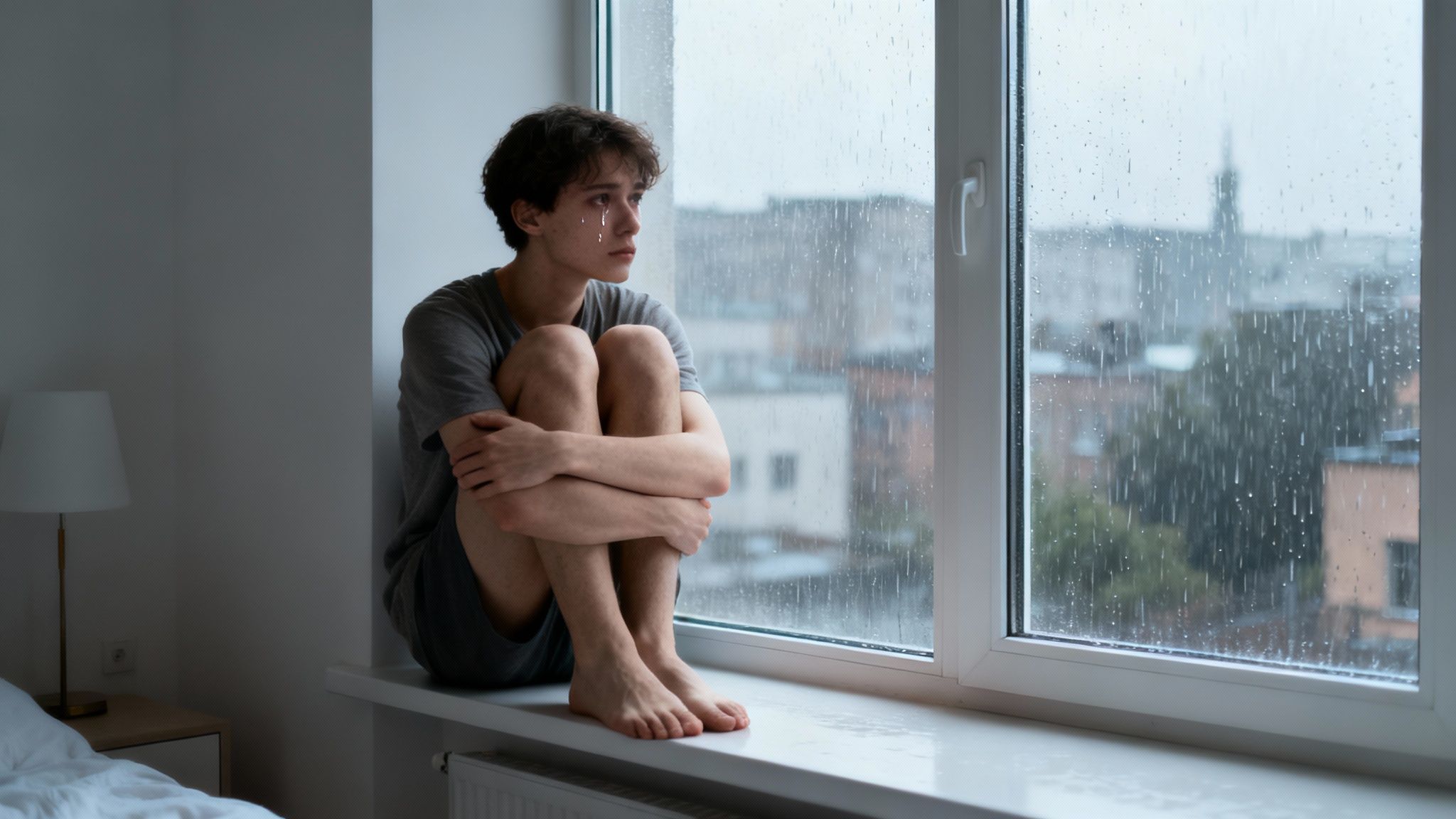 A person looking out a window on a rainy day, conveying a sense of sadness and introspection.
