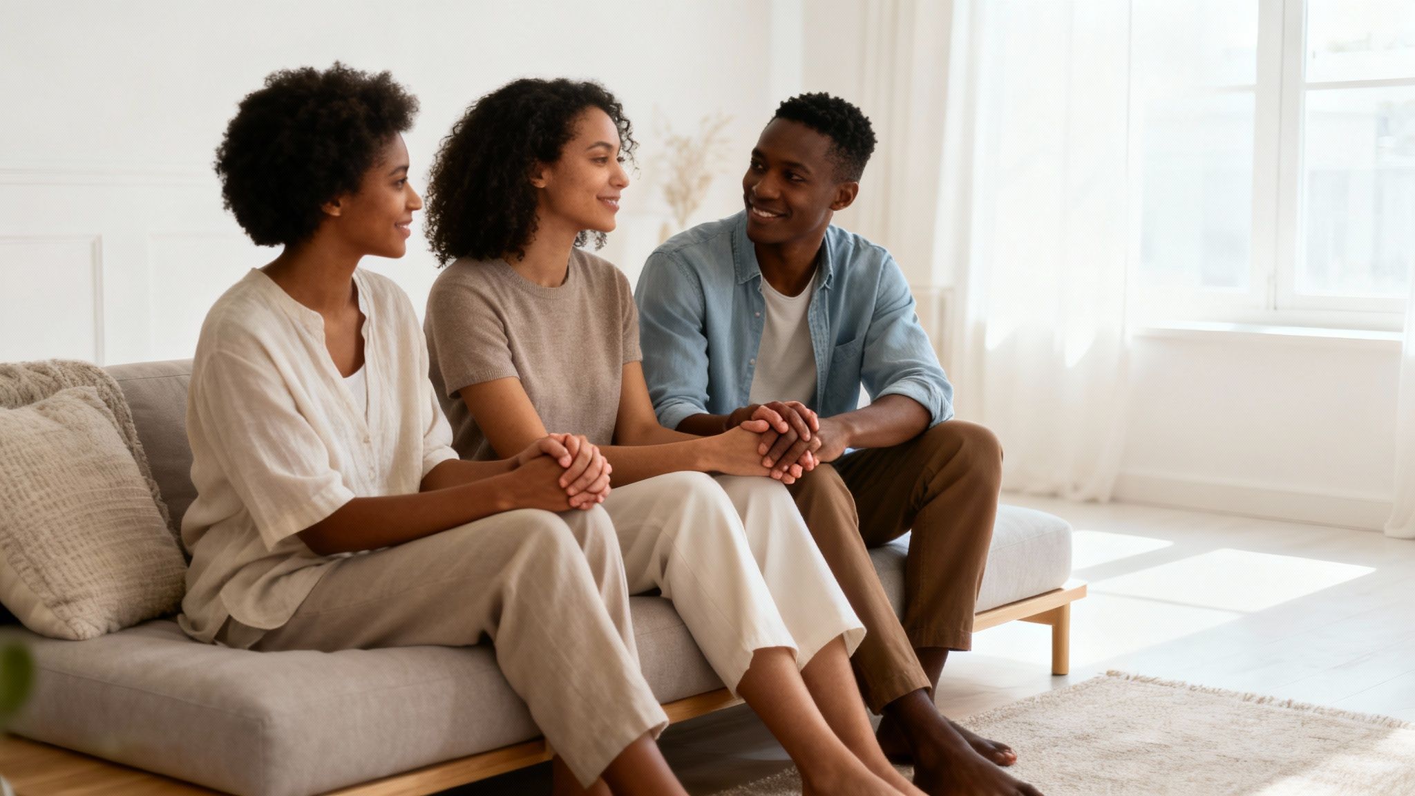 Three young adults sitting on a couch, smiling and holding hands during a supportive conversation.