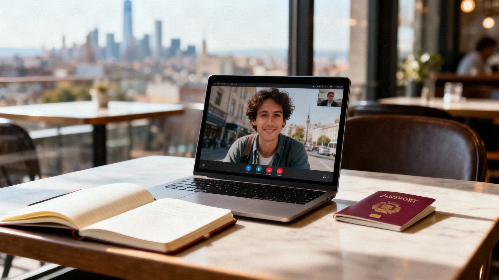 A laptop on a table displays a video call with two men, alongside an open notebook and a passport, overlooking a city skyline.