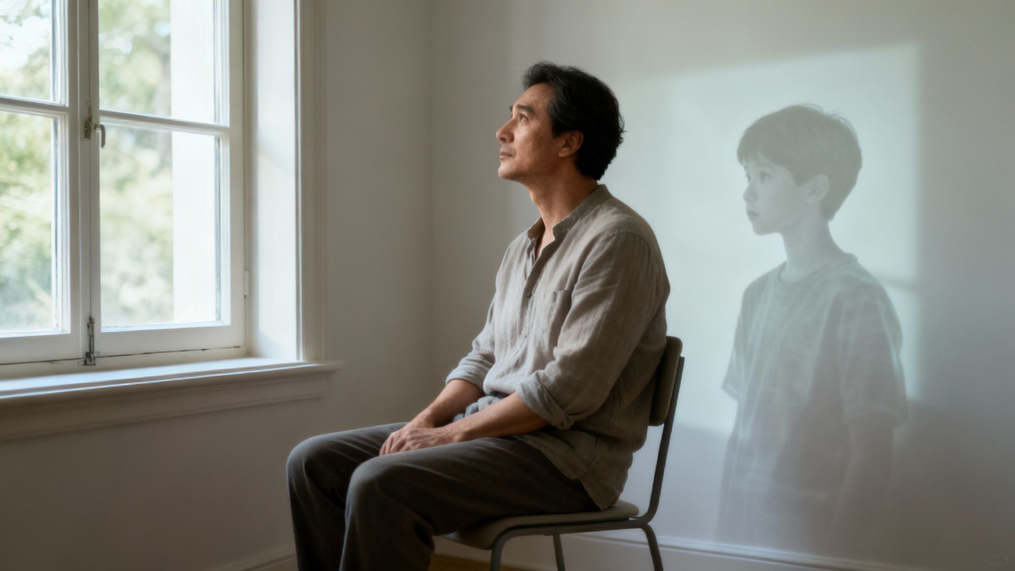 A person sitting on a window sill, looking thoughtfully outside, representing self-reflection and understanding insecurity.