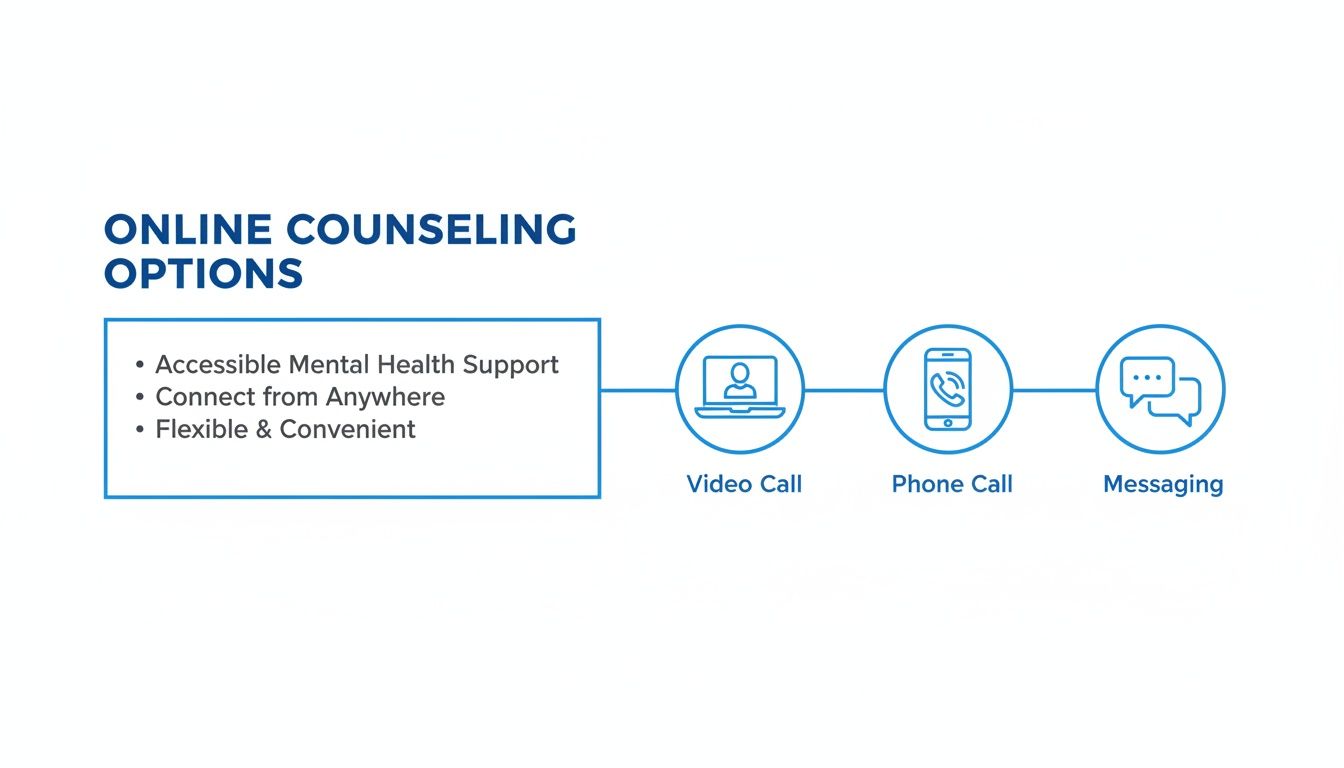 Online counseling options offering accessible, flexible mental health support via video call, phone call, or messaging.