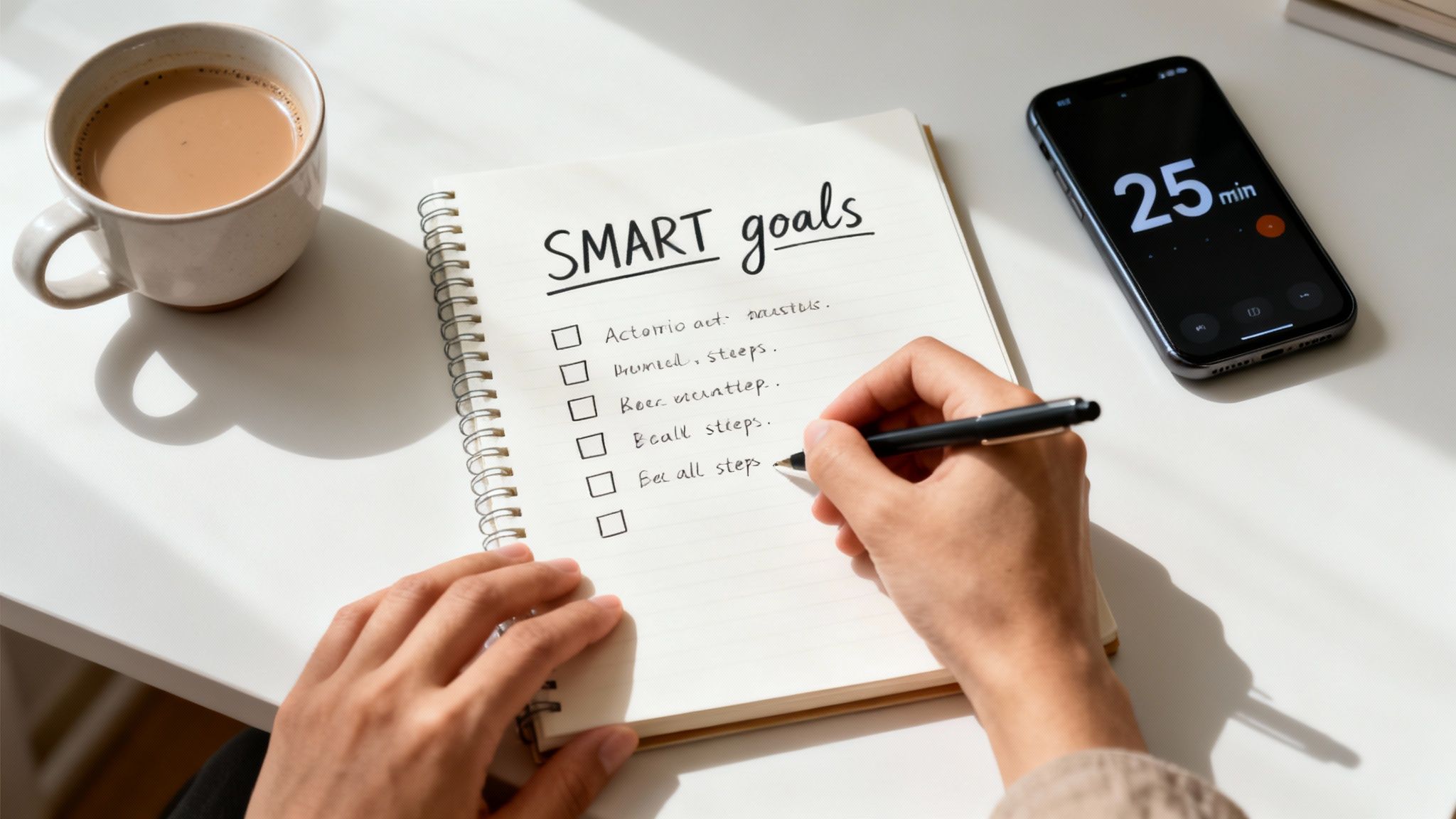 Overhead shot of a person writing SMART goals in a notebook with coffee and a timer.