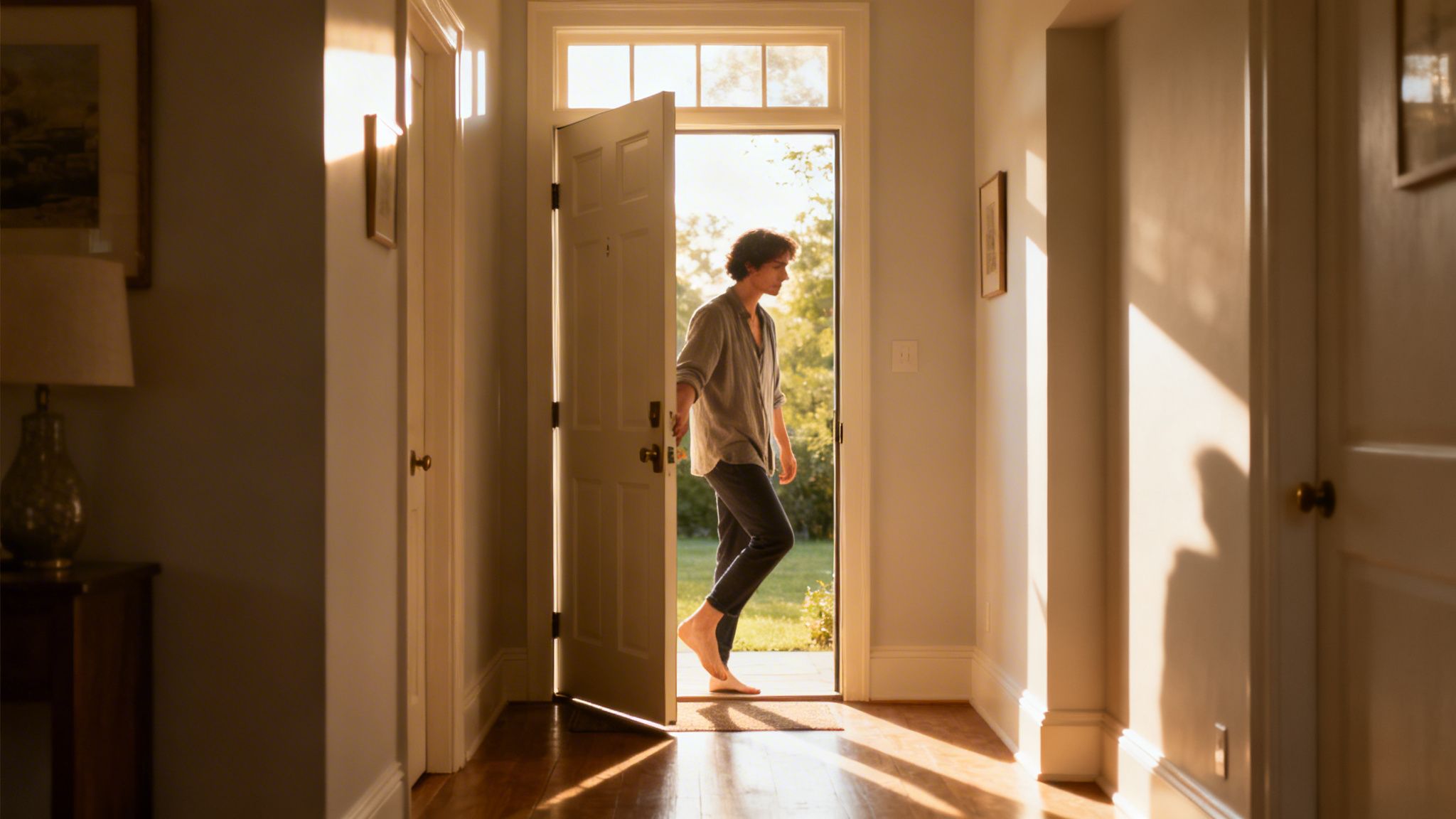 A barefoot man walks out of a sun-drenched house doorway into a bright green garden.