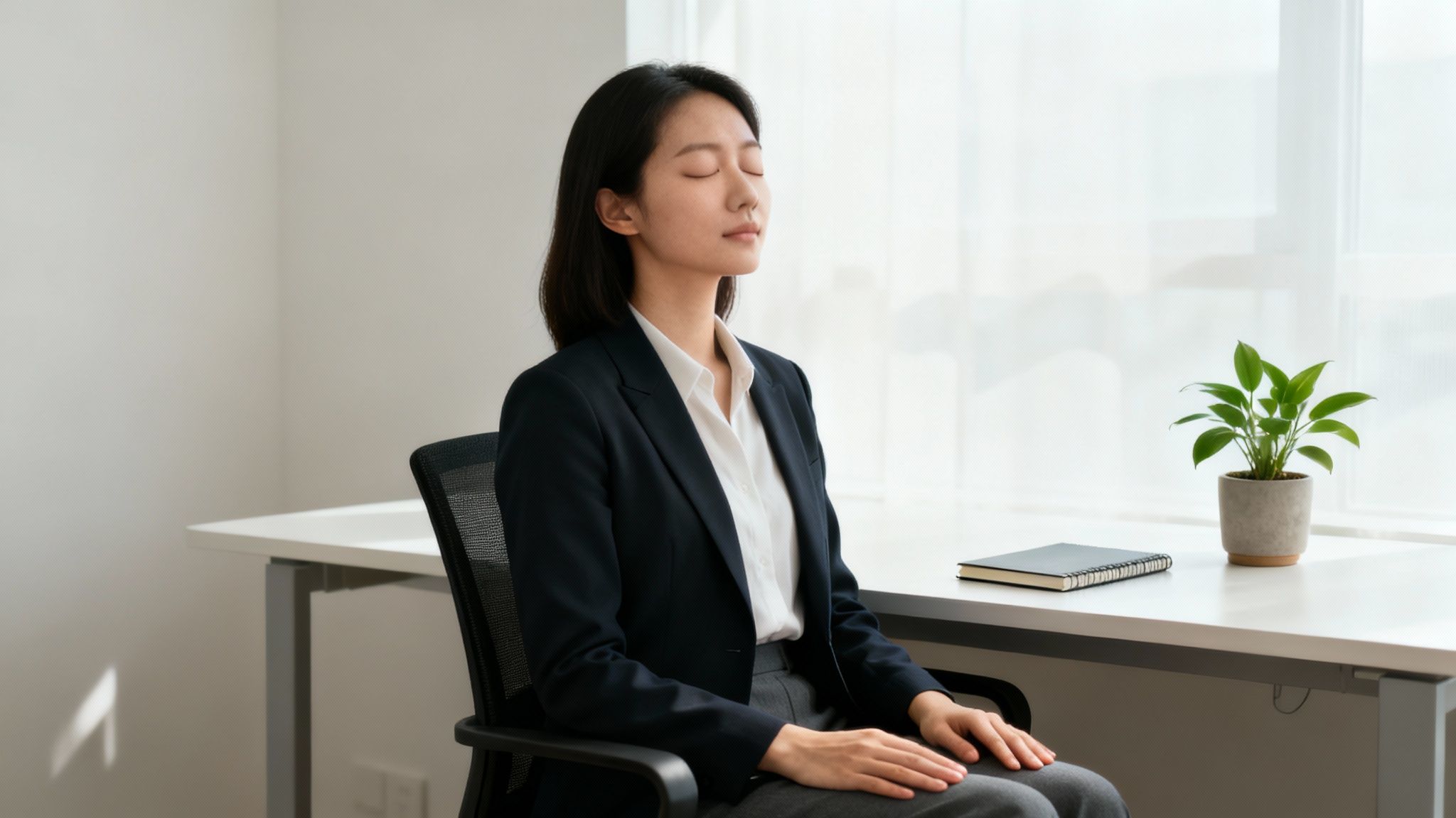 Young Asian businesswoman meditating in an office chair, eyes closed, beside a white desk.