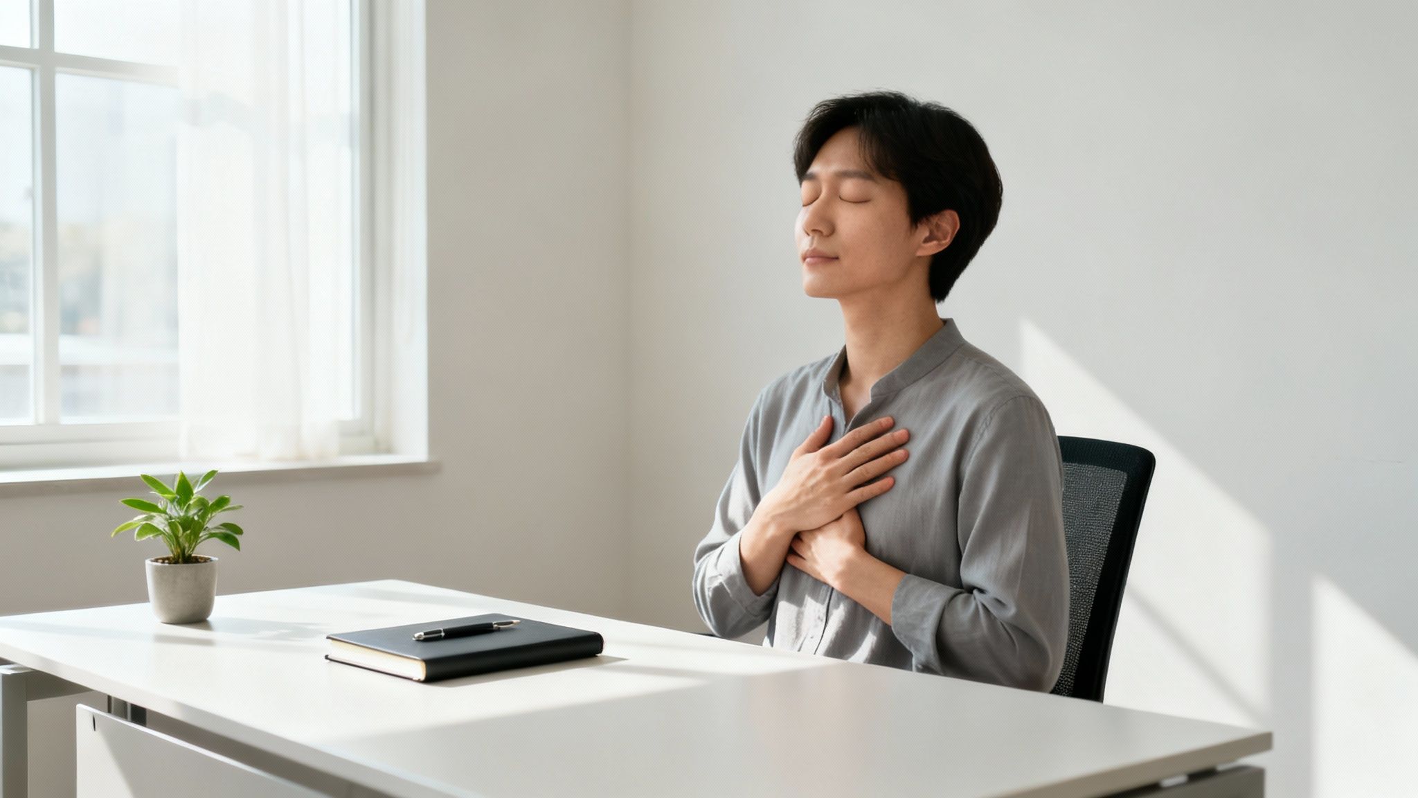 Young Asian man meditating peacefully at a desk in a bright room, practicing self-love.